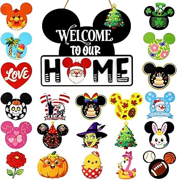 Mouse Home Decor, Interchangeable Seasonal Welcome Sign with 22PCS Interchangeable Holiday Pieces for Spring Summer Fall All Seasons Holiday Halloween Christmas