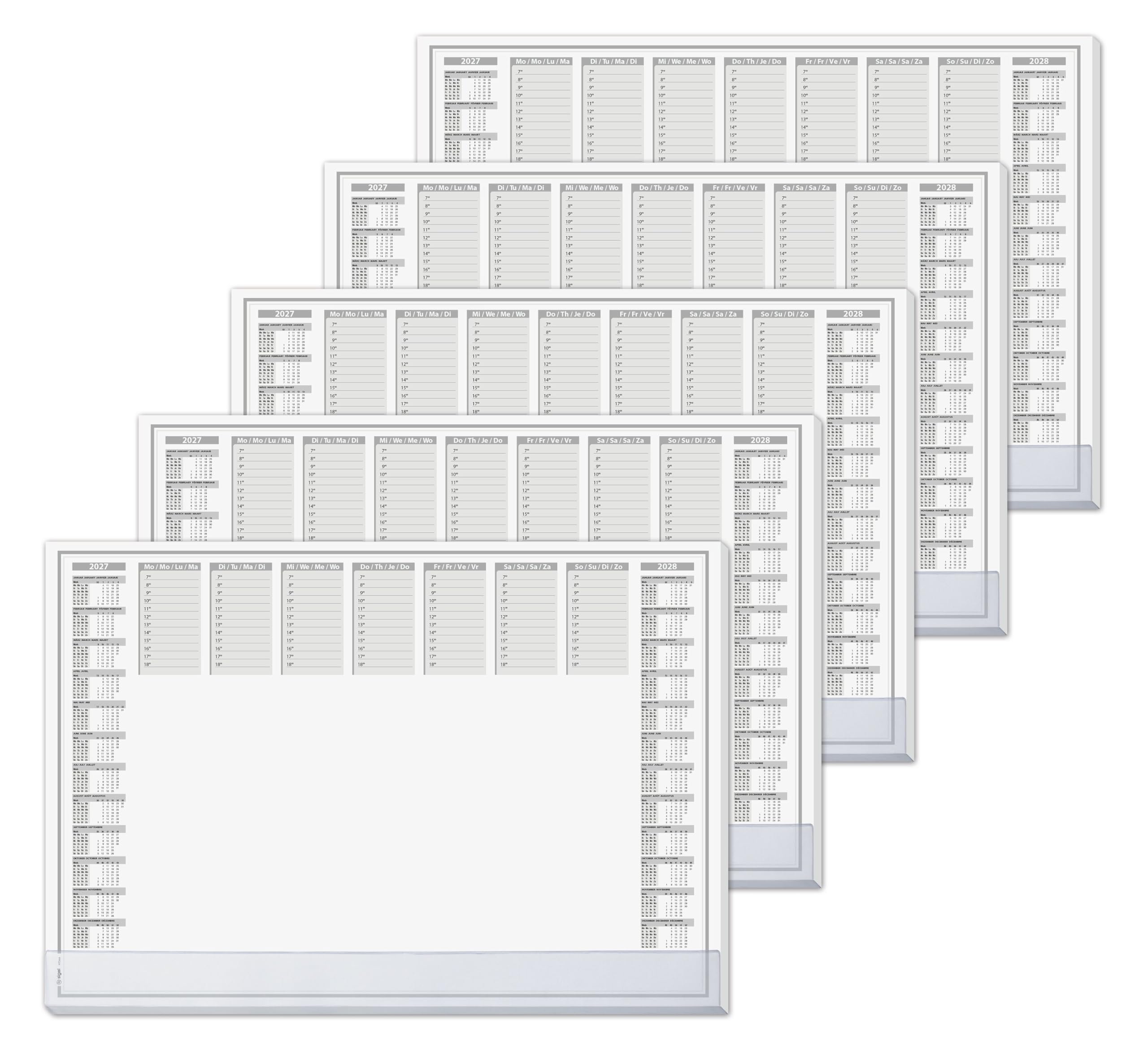 SIGEL Papier-Schreibtischunterlage DIN A2 Kalender 2027-2028 5er Set | H7366/5, Transparente Schutzleiste, 40 Blatt je Block mit Kantenschutz