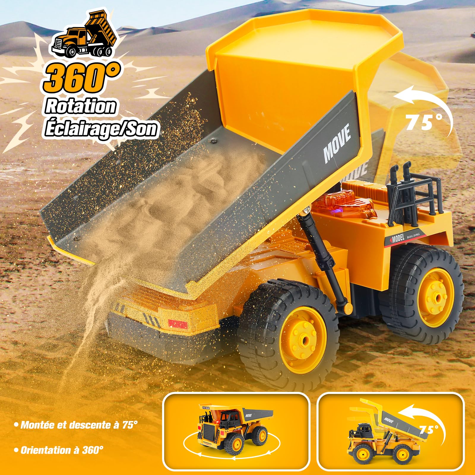 Camion-Benne Télécommandé avec 2 Batteries Chantier RC avec Benne Métallique, Lumières et Sons, Cadeau pour Enfants Garçons Filles de 3 4 5 6 7 8 Ans pour Intérieur et Extérieur
