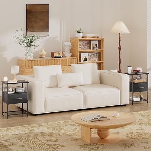 Miniatura 25 de Juego de 2 mesitas de noche con cajón, mesa auxiliar con valla de metal, mesa auxiliar de almacenamiento de 3 niveles con estante de malla, para