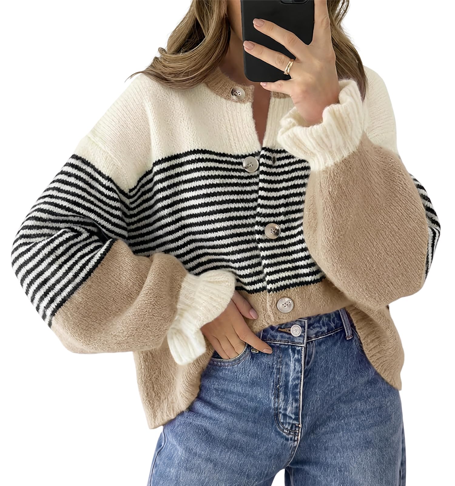 Saodimallsu Womens 2026 Fall Trendy Striped Cardigan Sweaters Ruffle Sleeve Button Up Loose Color Block Sweater Coats