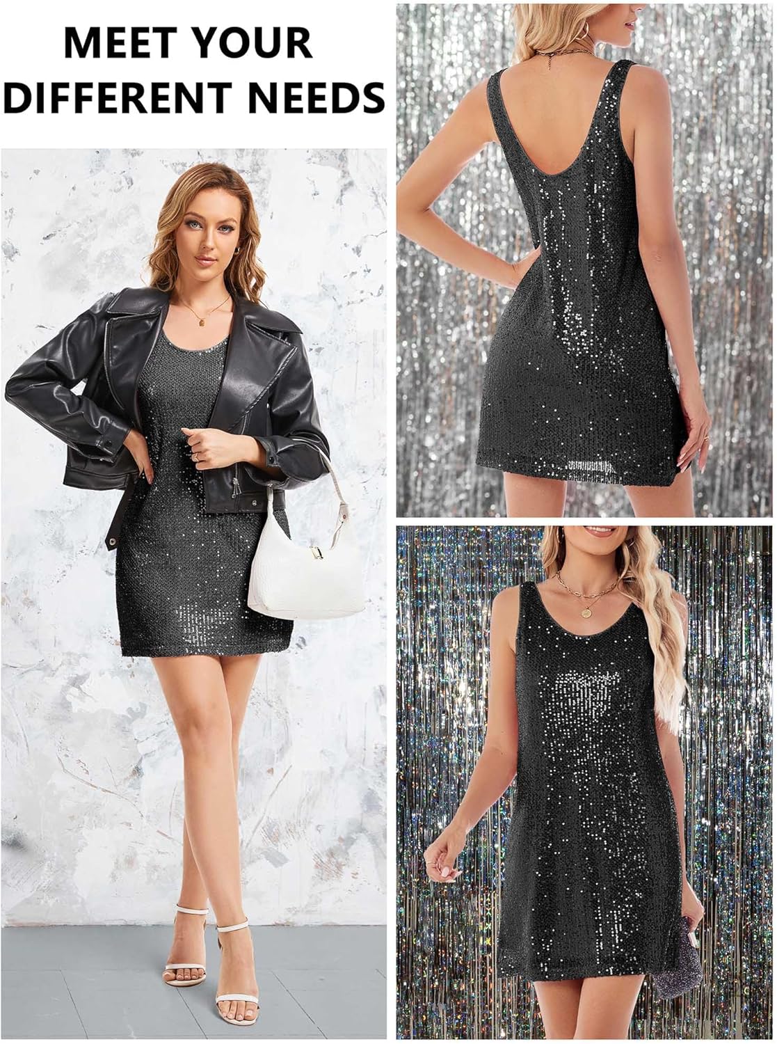 Ainuno Sequin Dress for Women,Sparkly Sleeveless Tank Dresses Sexy Metallic Party Outfit - Image 5