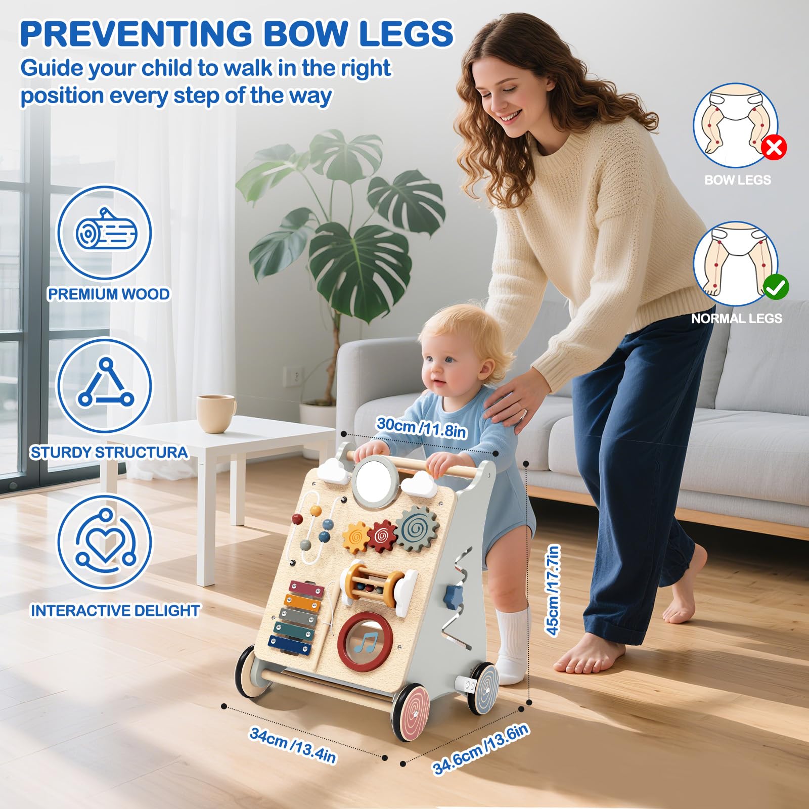 Drewniany chodzik dla dzieci 2 w 1 Montessori Chodzik dziecięcy z interaktywnymi zajęciami zabawki dla niemowląt 1+ rok Baby Walker na pierwsze kroki prezent dla dziecka chłopiec dziewczynka