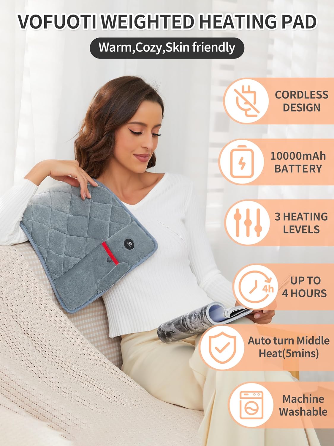 Vofuoti Portable Heating Pad, Cordless Weighted Heating Pads with Battery and 3 Heat Settings, Large Electric Heated Pad for for Back, Abdomen, Neck & Shoulder, Women Men, 12" x 24", 2lbs - Image 2