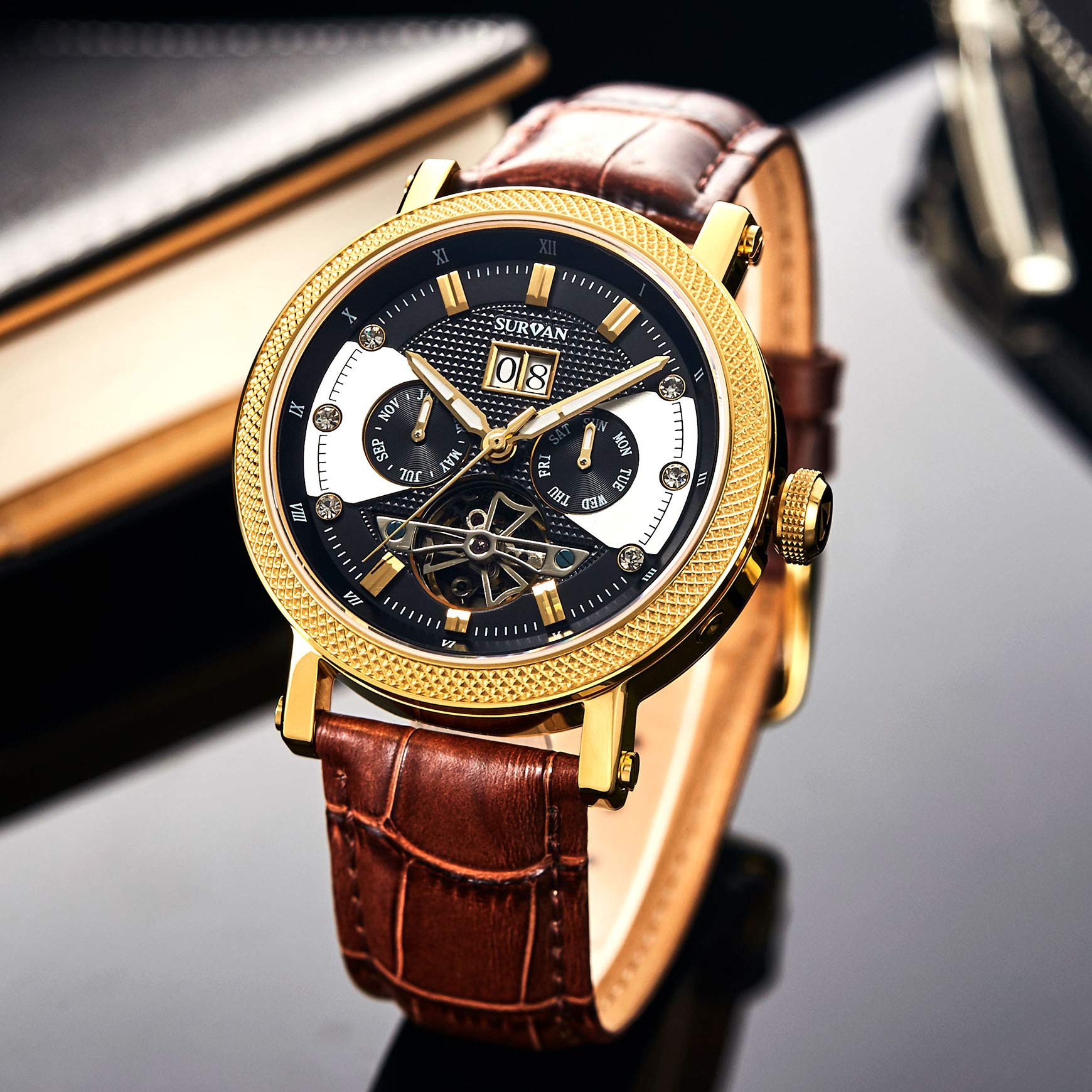 SURVAN Armbanduhr Herren,Schweizer Automatikwerk Armbanduhr,für Männer Dreifach Kalenderanzeige Datum Tag Monat,männer uhren Mechanische,Echtes Leder Armband,Wasserdicht,Geschenk watch for men,Gold