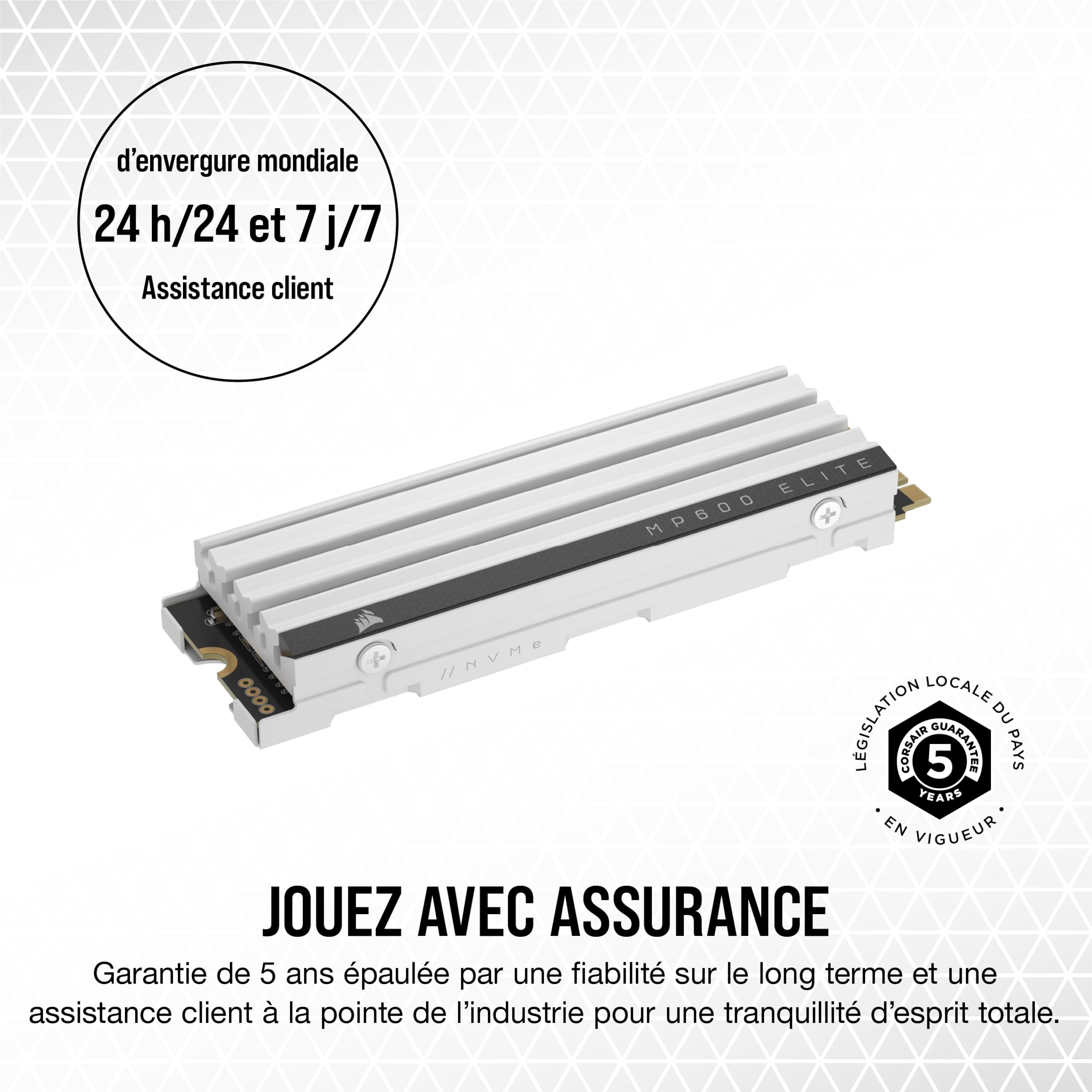 Corsair MP600 Elite 2 to M.2 PCIe Gen4 x4 NVMe SSD - Optimisé pour PS5 - Dissipateur Thermique Inclus - M.2 2280 - Lecture Séquentielle Jusqu'à 7 000 Mo/s - 3D TLC NAND Haute Densité - Blanc