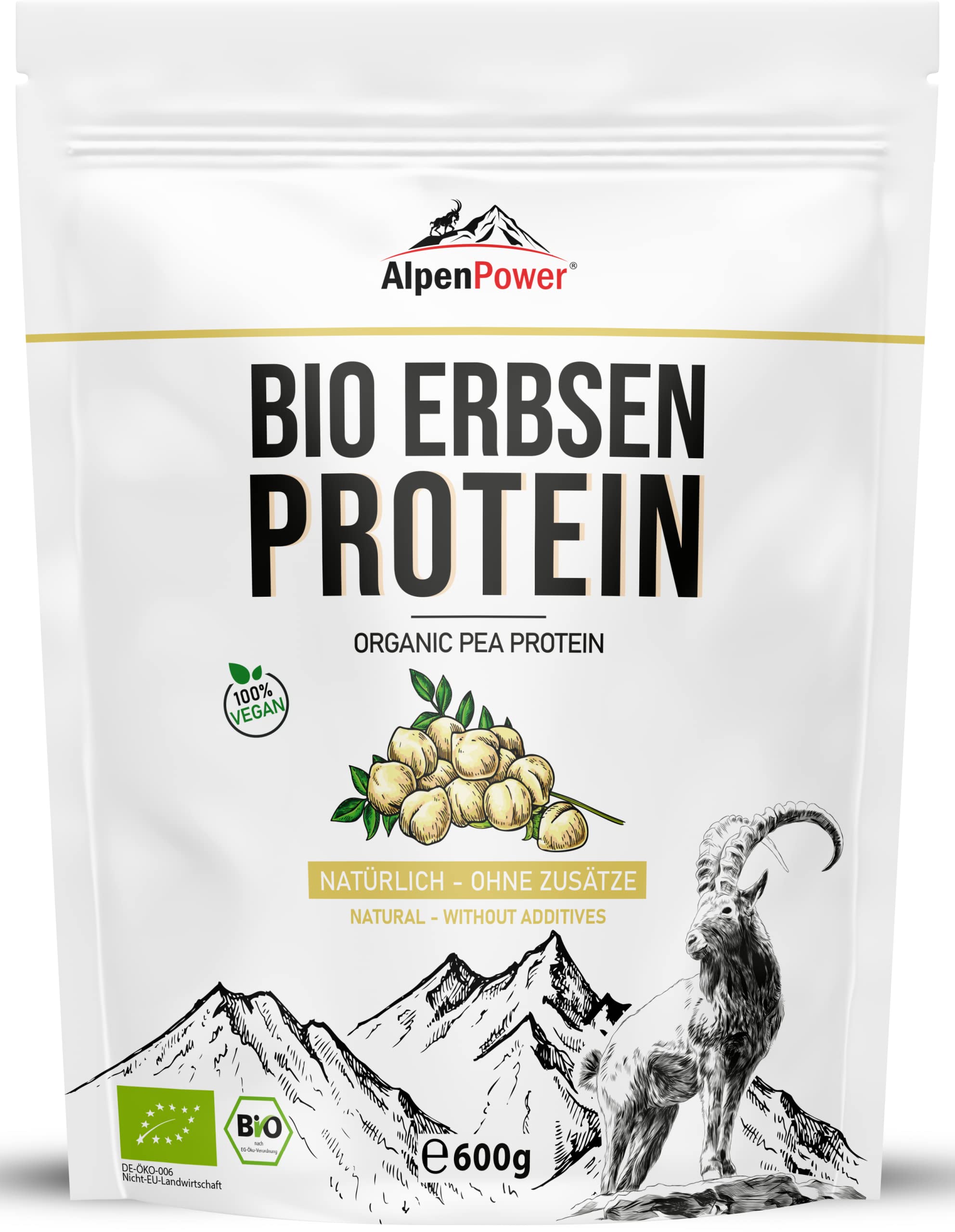 AlpenPower BIO Protéine de Pois 600 g - Isolat de protéines de pois 100% pur - Sans additifs - Végétalien et polyvalent - Poudre de protéines de haute qualité avec 85% de protéines