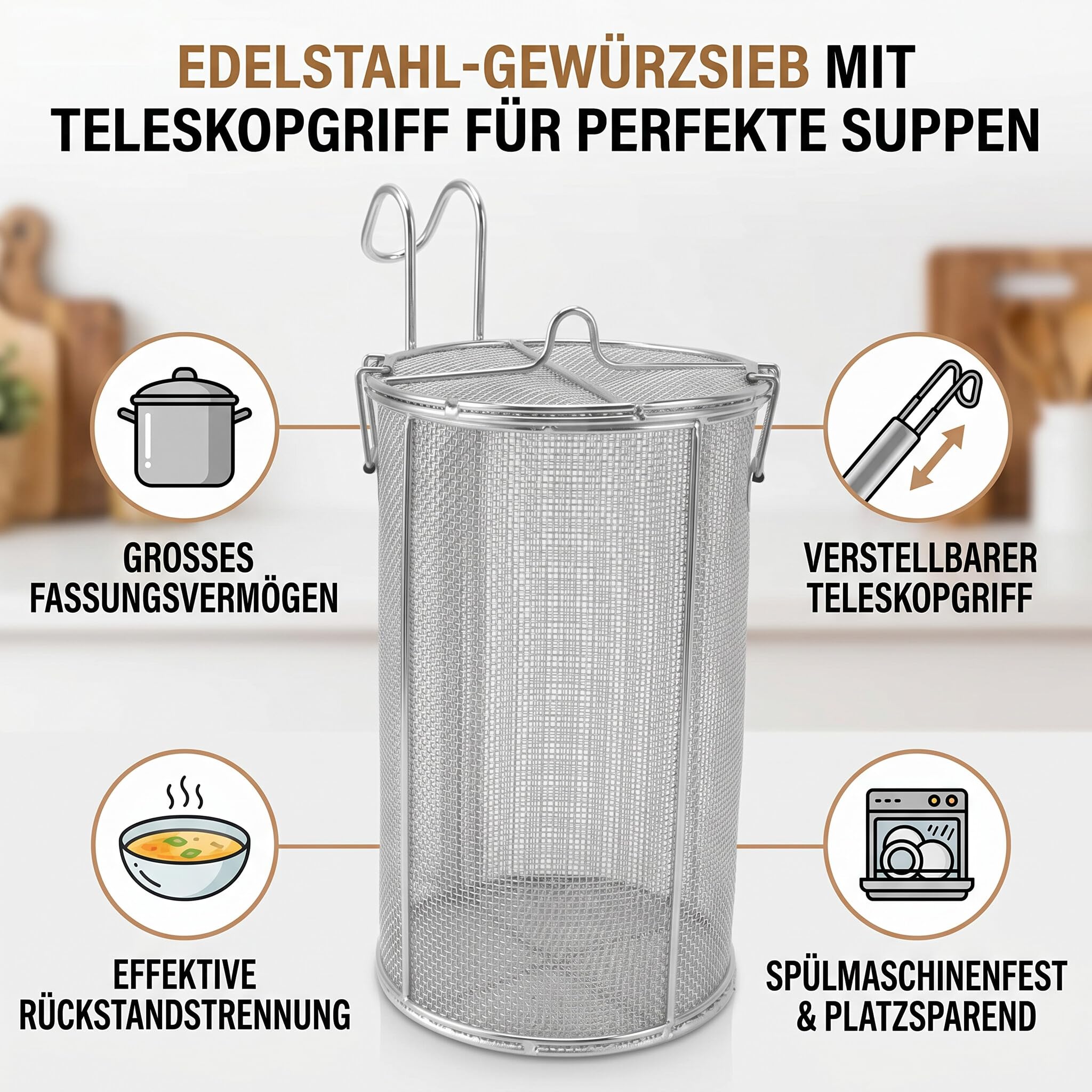 Ejoyous Filtre à Épices, Passoire à Épices en Acier Inoxydable Grande Capacité, Filtre à Thé, Panier de Séparation à Poignée Télescopique Réglable pour Assaisonnements et Soupes Lors de