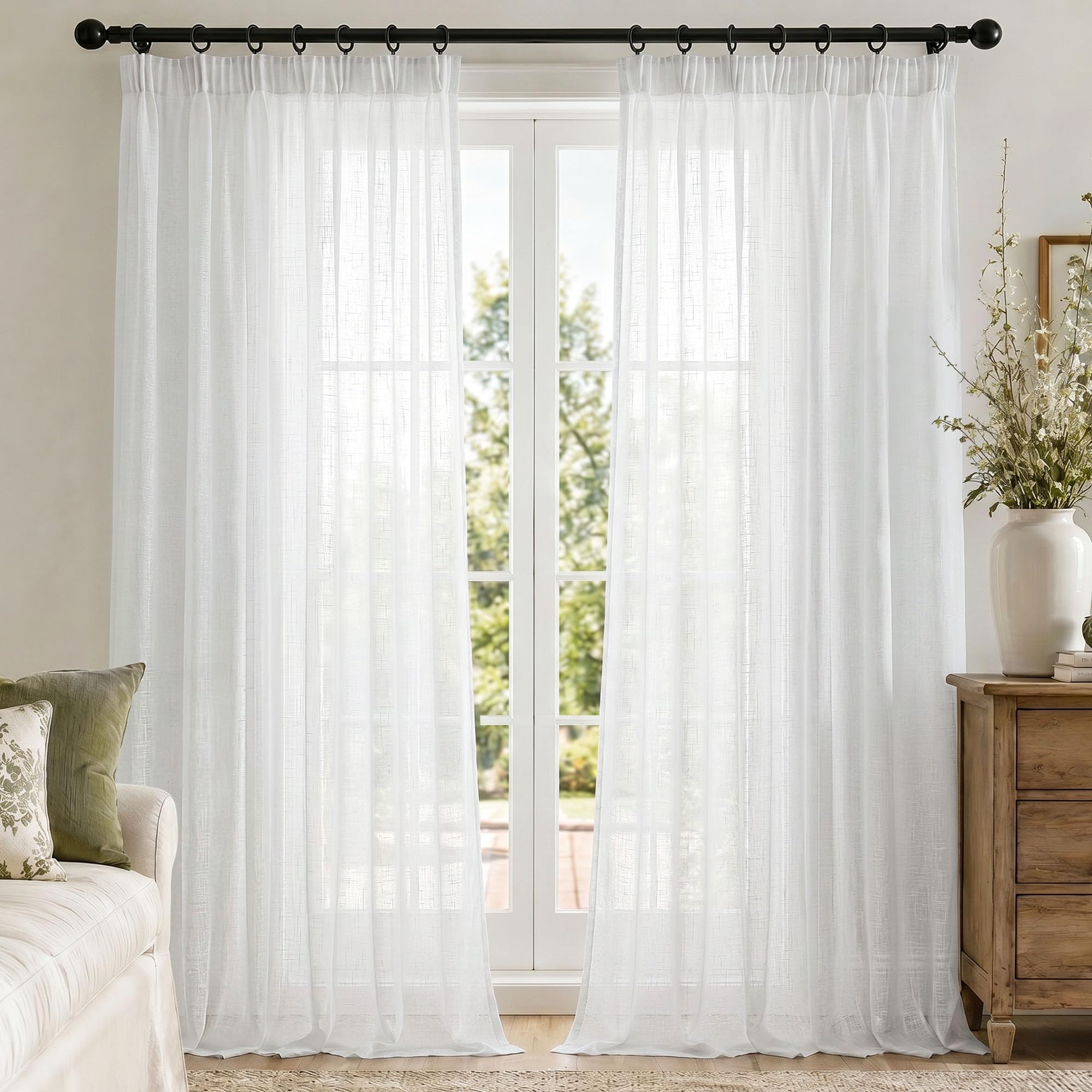 Deconovo Voile Gardinen mit Kräuselband Gardinenschal Vorhänge Halbtransparent Vorhang Leinenoptik Dekoschal 2er Set
