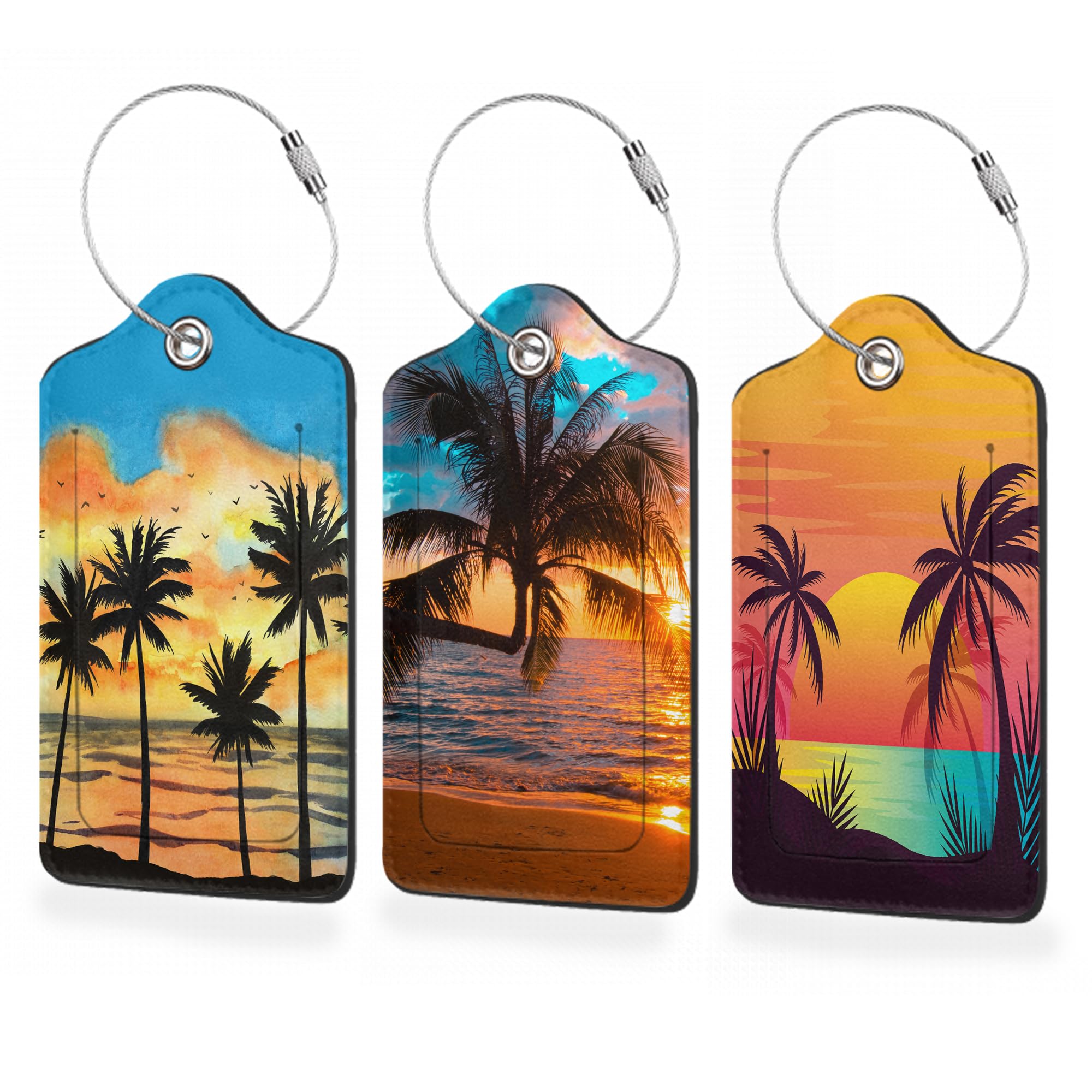 Paquete de 3 etiquetas de equipaje para maleta, etiquetas de equipaje de cuero con palmera tropical con cubierta de privacidad, etiquetas de identificación de nombre, etiquetas de bolsa de viaje para