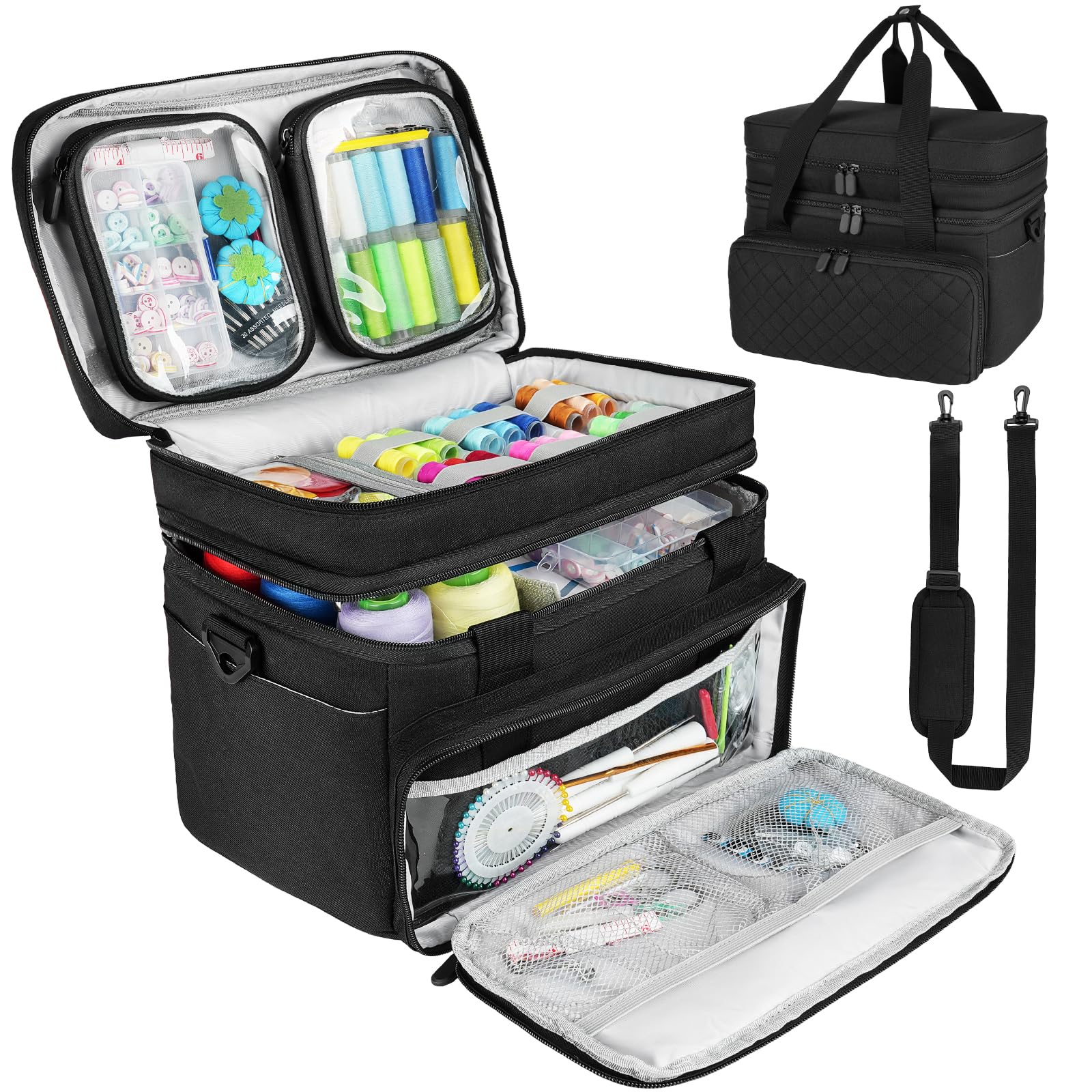 Nähzubehör Organizer Tasche mit Schultergurt – Doppellagige Näh-Aufbewahrung mit 2 herausnehmbaren Taschen – Große Reise-Nähbox für Nähbedarf & Werkzeuge (Schwarz, 30x20 cm)