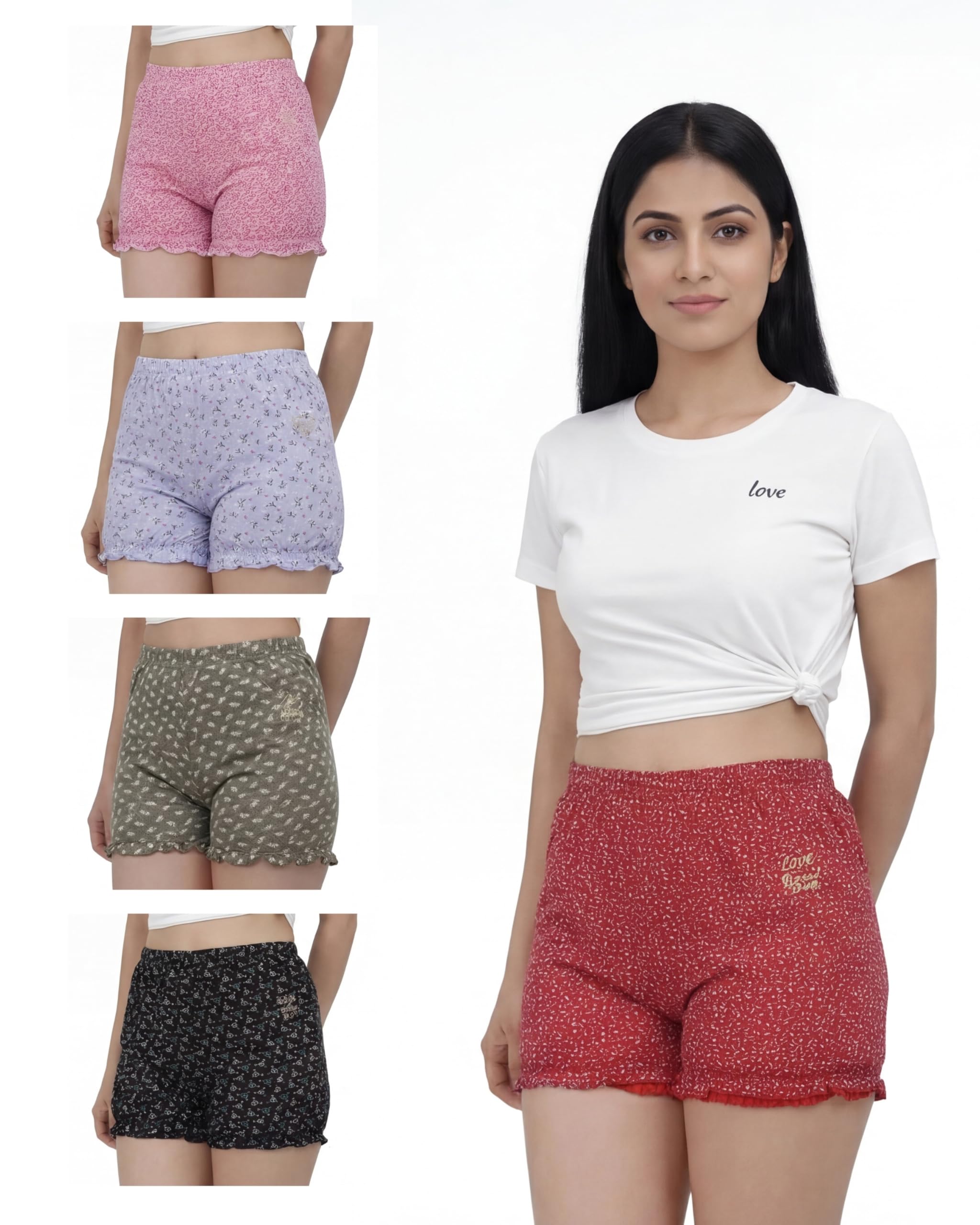 Women's Cotton Teenz Printed Lounge Bloomers | Soft Breathable Relaxed Fit Shorts with Frill Leg Elastic & Comfortable Waistband | Stylish Everyday Sleepwear (Pack of 5, Assorted Prints & Colors)-image-43