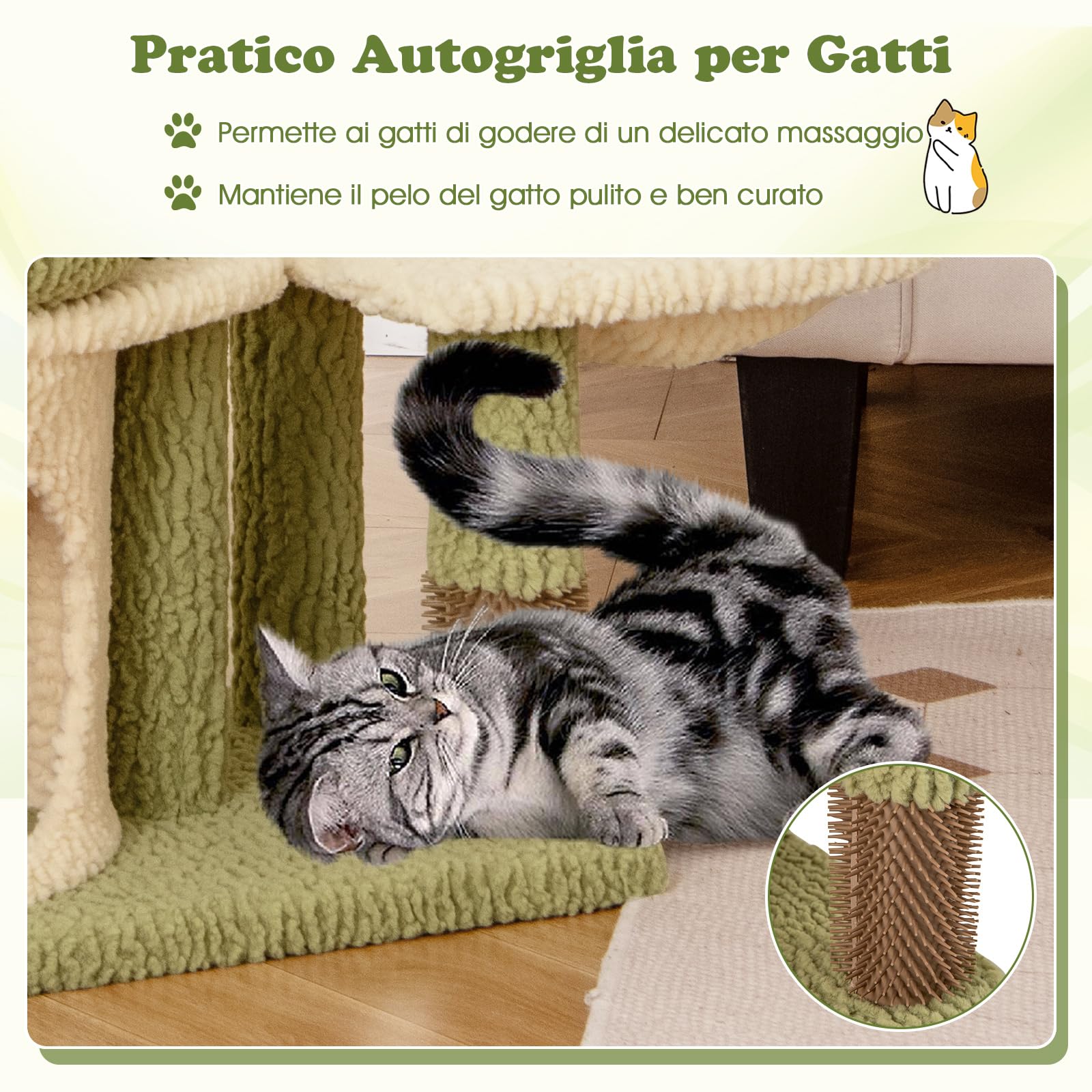 COSTWAY Tiragraffi per Gatto Alto 100 cm, Albero Tiragraffi Gatto con 3 Pali in Sisal, 4 Piattaforme e Grotta, Cuccia Albero Gatto Rivestito in Peluche, Verde e Bianco