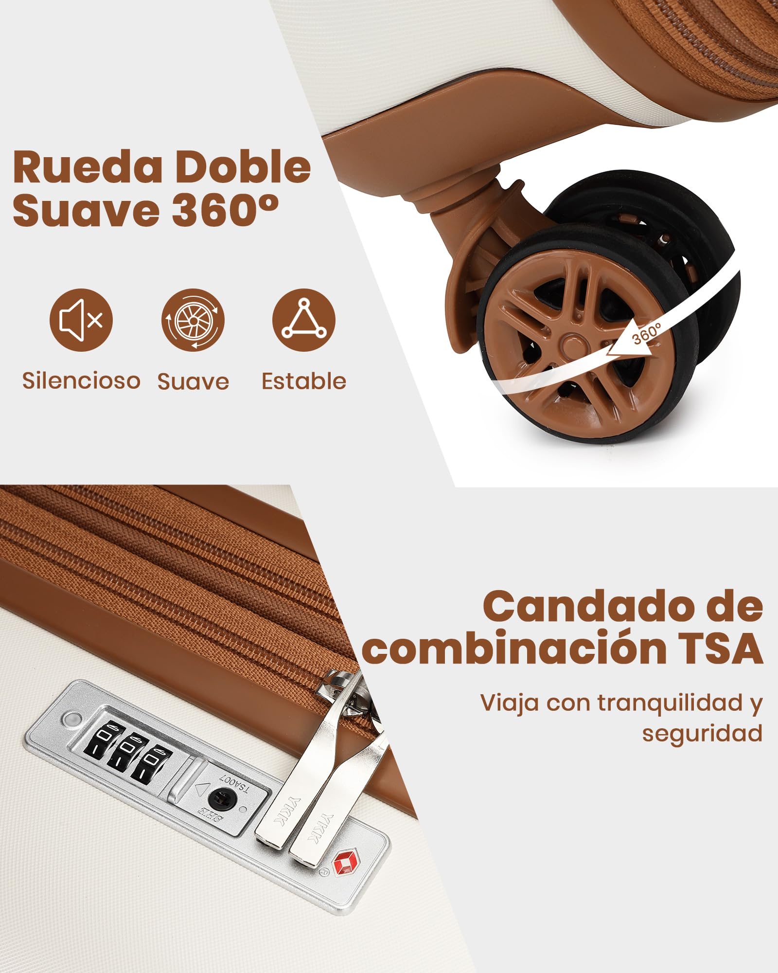 Kono Juego de Maletas con Expansión (Solo 24" y 28"), con Ruedas TPE y Cerradura TSA, más Bolsa de Viaje con Correa Ajustable y Hebilla para Carro, y Neceser, Ideal para Viajes Familiares (Crema)