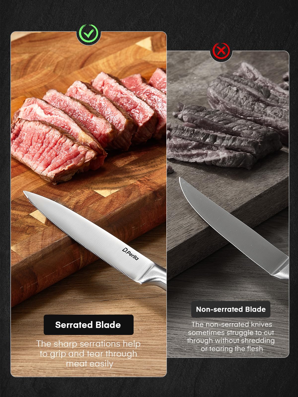 D.Perlla Cuchillo Para Bistec, Juego de Cuchillos Para Bistec 9 Piezas, Juego de Cuchillos Para Bistec Afilados con Mango Ergonómico, Con Portacuchillas Acrílico
