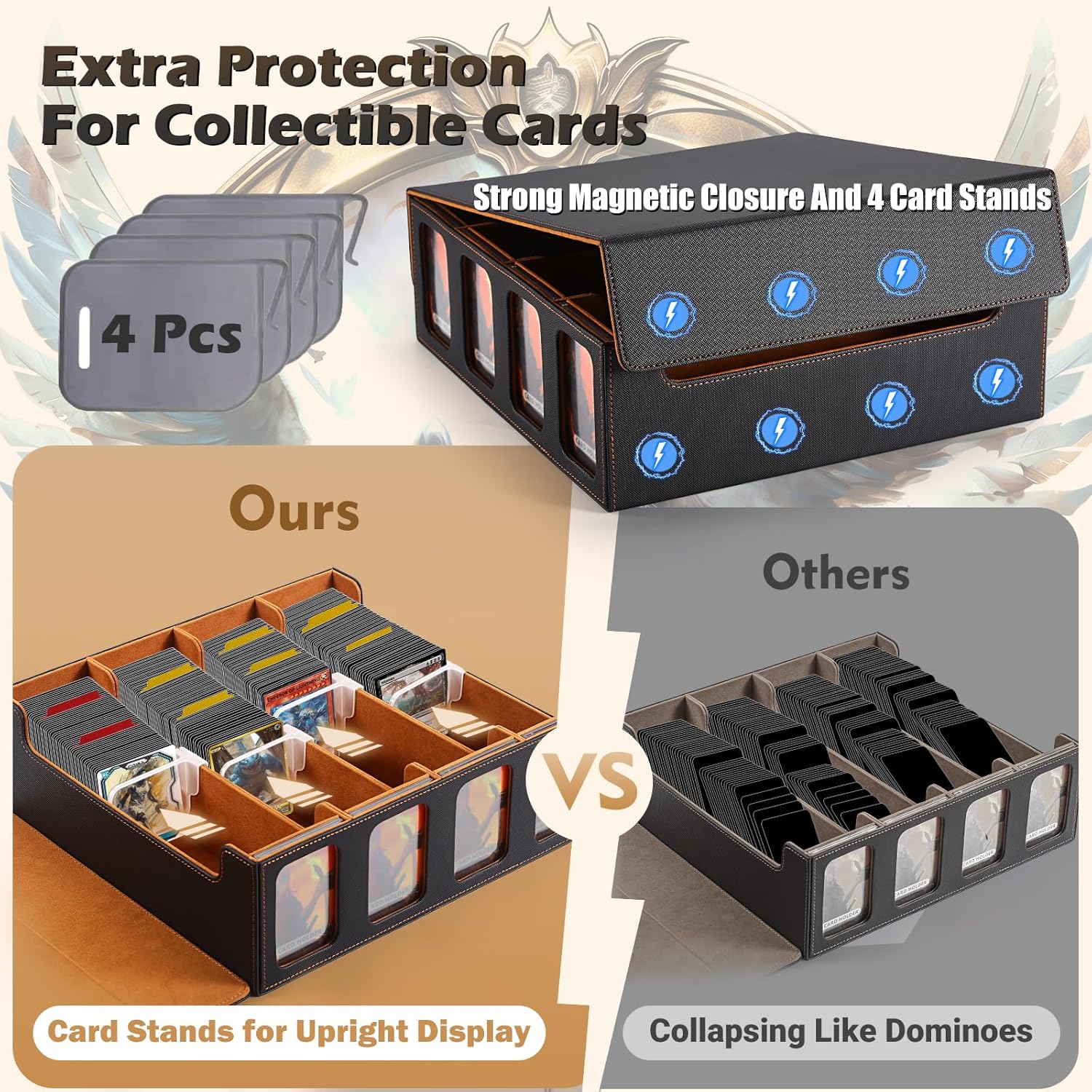 Ultra-Capacity 4-Row Trading Card Storage Box with Commander Display, Holds 3000+ Cards with Dividers & Card Holders, PU Leather MTG Commander Deck Box, YuGiOh, TCG, Sport Cards (Black/Gold)