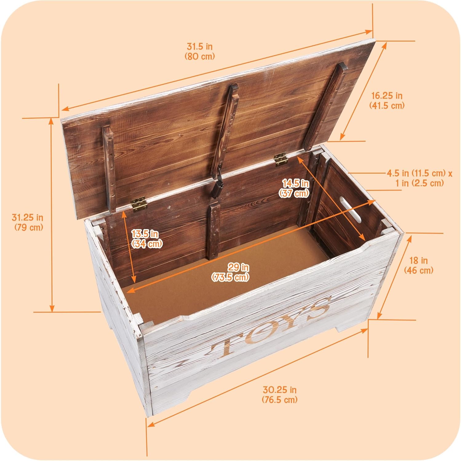 Badger Basket Farmhouse Solid Wood Toy Box - Rustic Storage Chest with Reversible “TOYS” Panel, Safety Hinge, and Vintage Distressed Finish - Kids’ Organizer - Distressed White