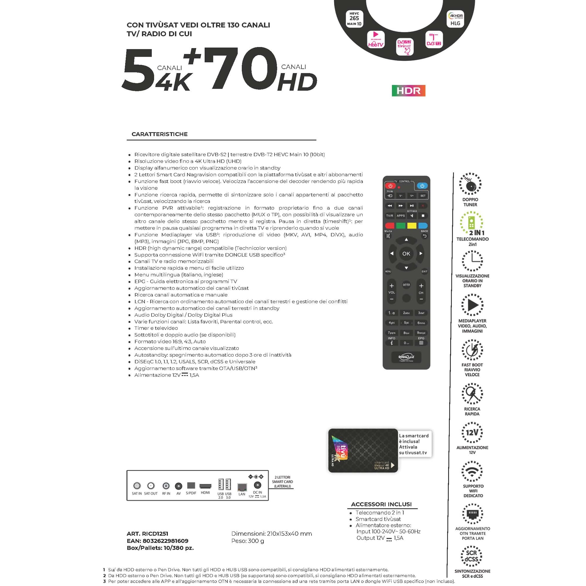 DigiQuest Q99 4K UHD TiVuSat Receiver DVB-S2/T2 Combo HEVC H.265 HDR PVR Ready LAN USB HDMI-Kabel