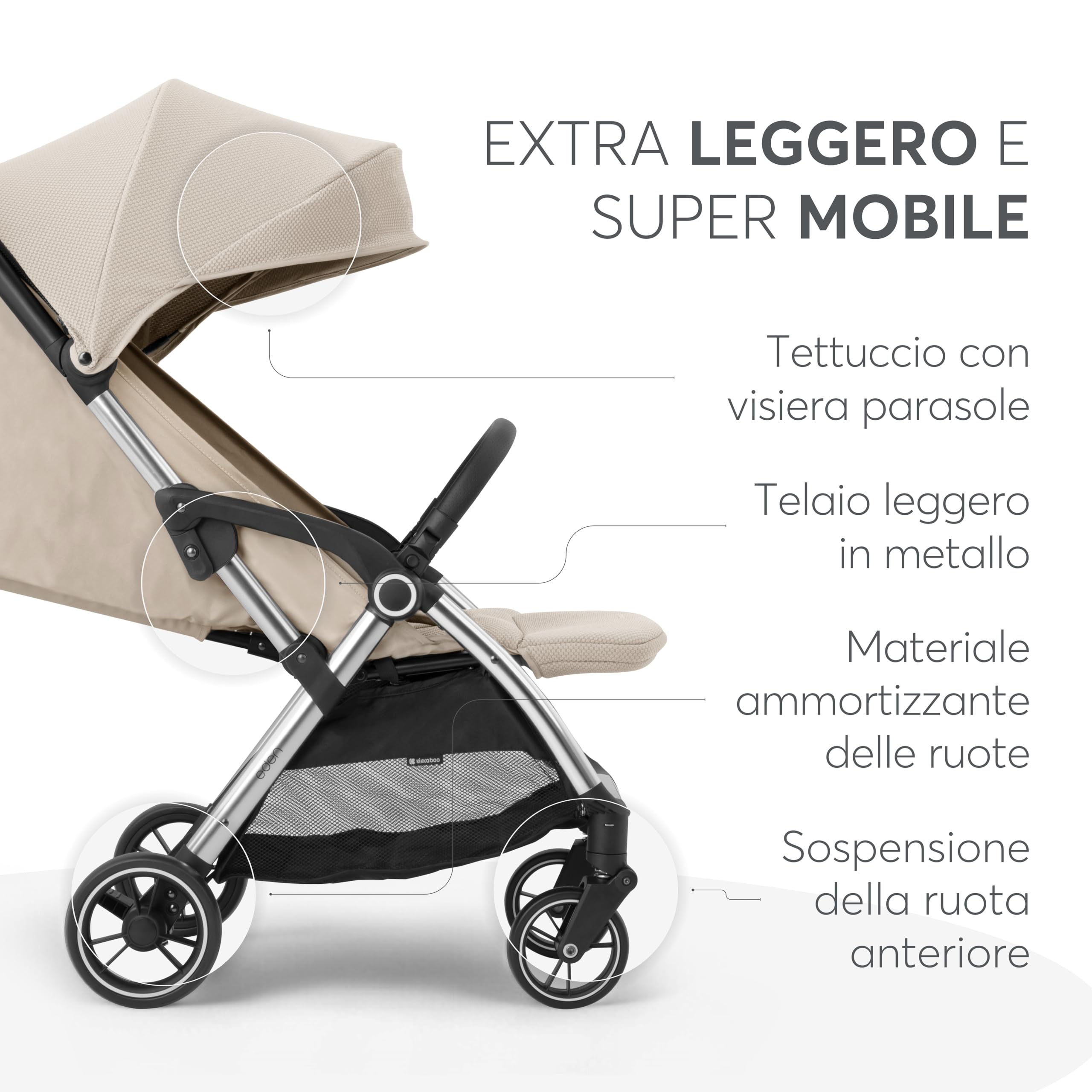 Passeggino KikkaBoo EDEN, Passeggino fino a 22 kg, Ripiegamento automatico, Posizione reclinabile, Ultraleggero, Compatto, Beige