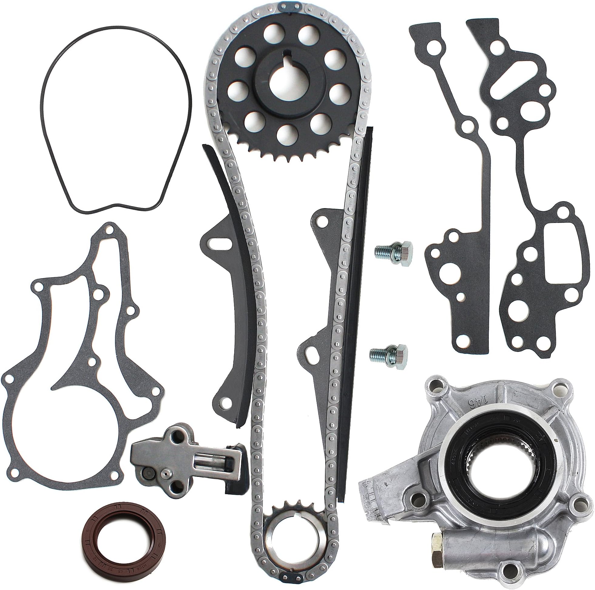 CNS HD Timing Chain Kit (2 Heavy Duty Metal Guide Rails) with Oil Pump Compatible/Replacement for 85-95 Toyota 2.4L 4Runner Pickup Celica 4-Cylinder SOHC 8-Valve Engine 22R 22RE 22REC