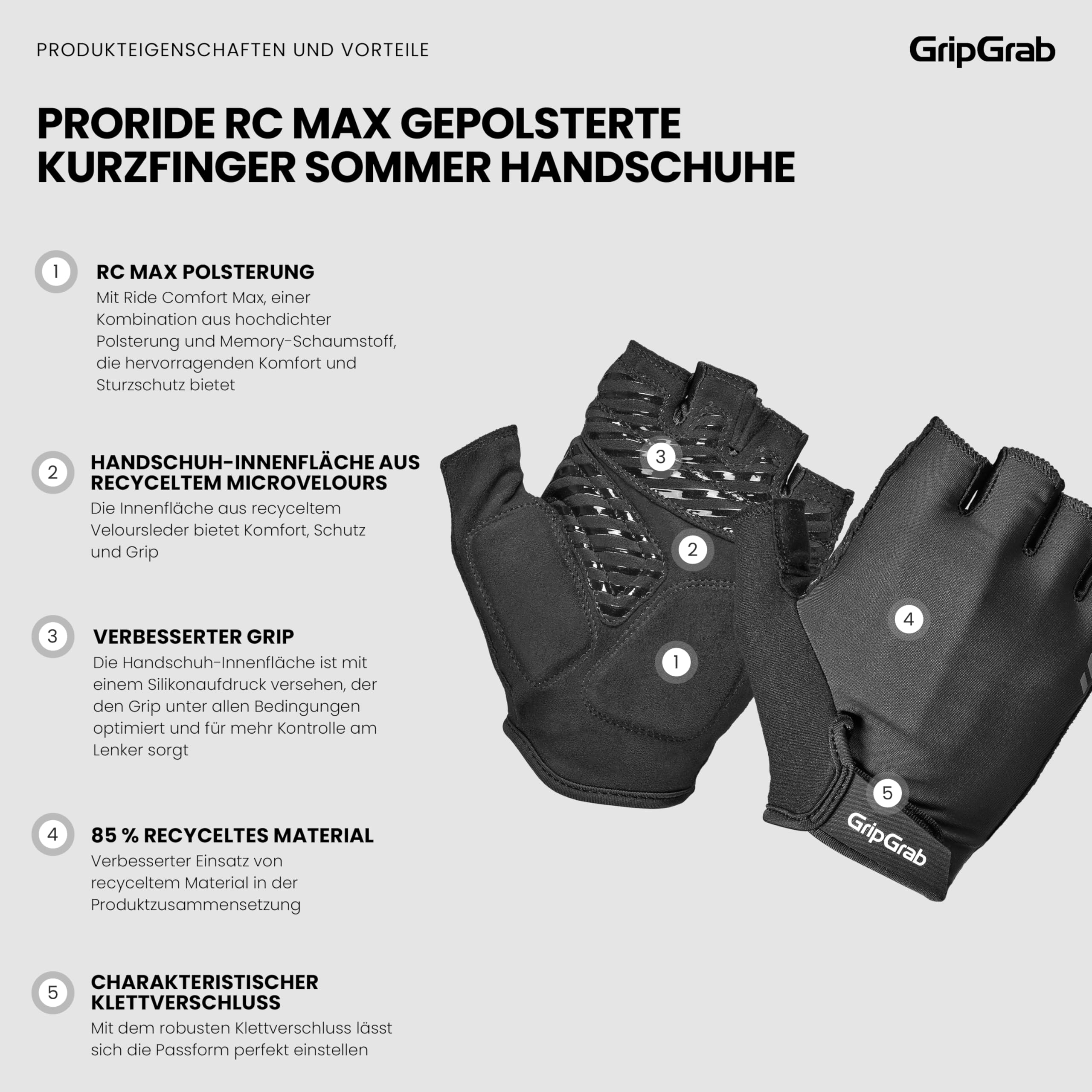 GripGrab ProRide RC Max Gepolsterte Kurzfinger Fahrradhandschuhe Sommer | Halbfinger Radhandschuhe mit RC Max Polsterung, Silikon-Grip, Frottee-Schweißwischer am Daumen und Klettverschluss