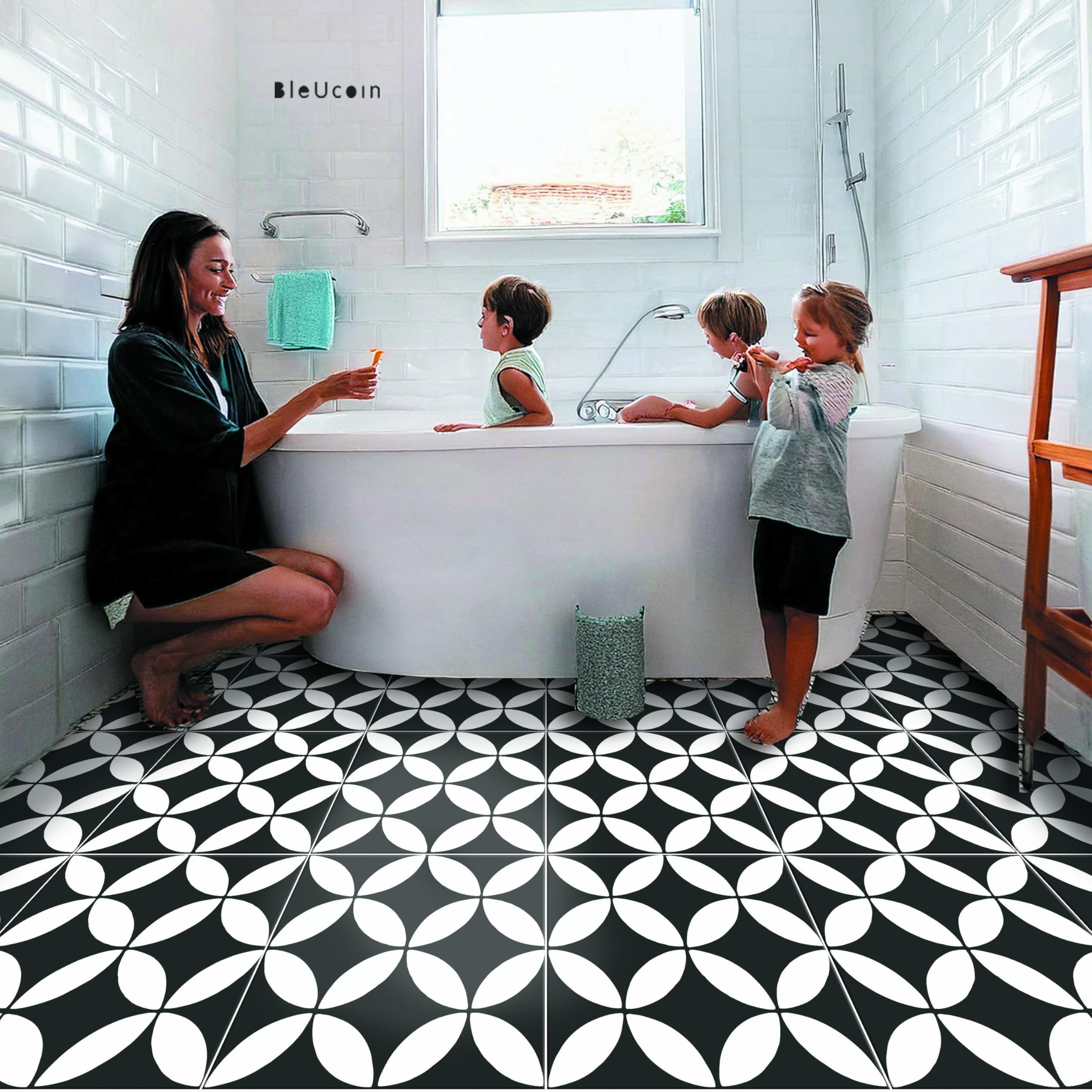 Barcelona Bleucoin Peel and Stick Floor Tiles Anti-Slip Vinyl Decals for Home, Kitchen, Bathroom,Remove Water Resistant DIY Renter-Friendly Flooring Solution Pack of 12 (Black, 6" x 6" Inches)