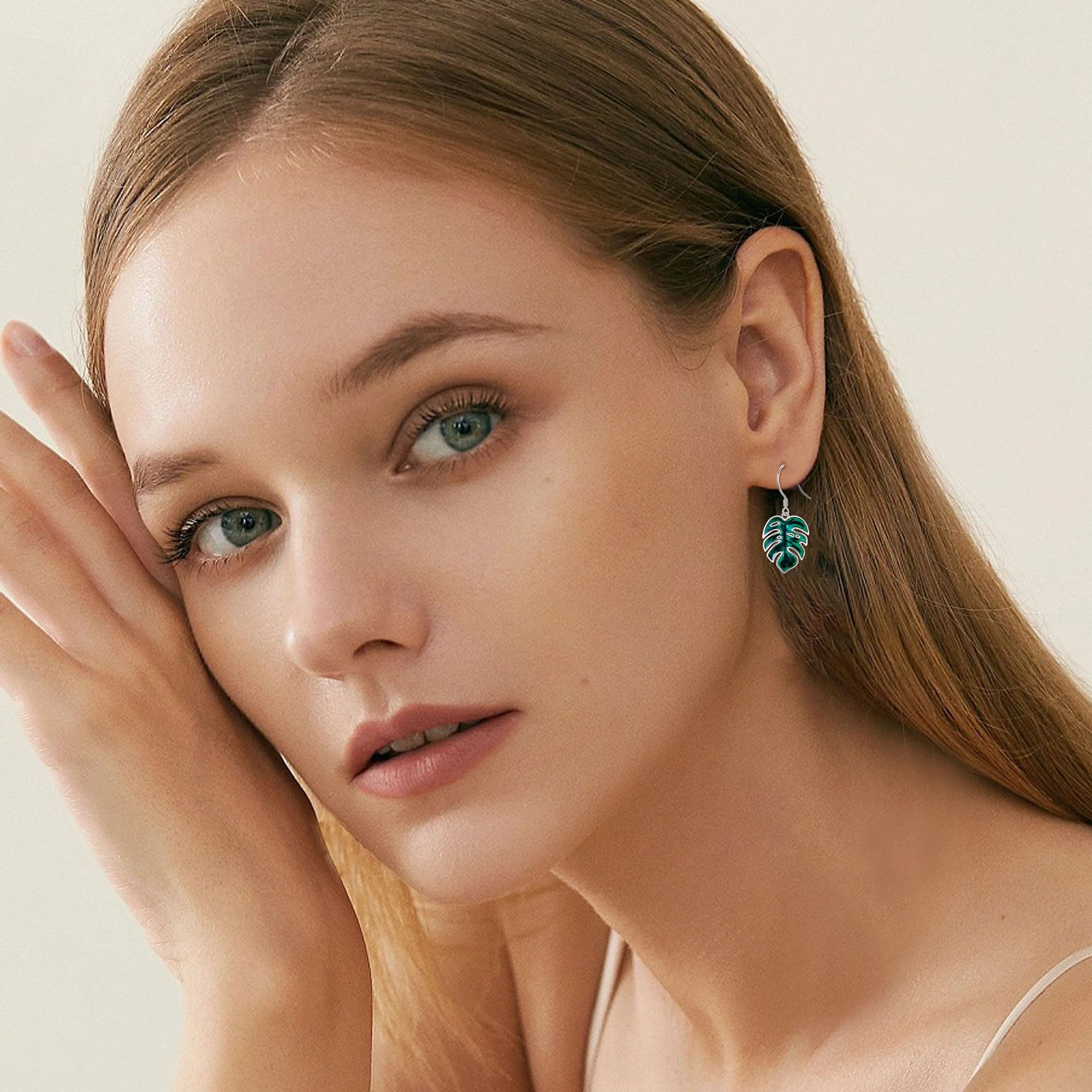 Blätter Ohrhänger S925 Sterling Silber Palmenblätter Hängend Ohrringe Grüne Monstera Blätter Tropische Pflanze Schmuck Geschenk für Damen