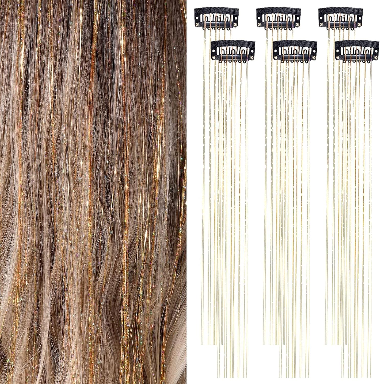 Glitter Hair Tinsel, 6PCS Clip in Hair Tinsel Kit, 18inch Glitter