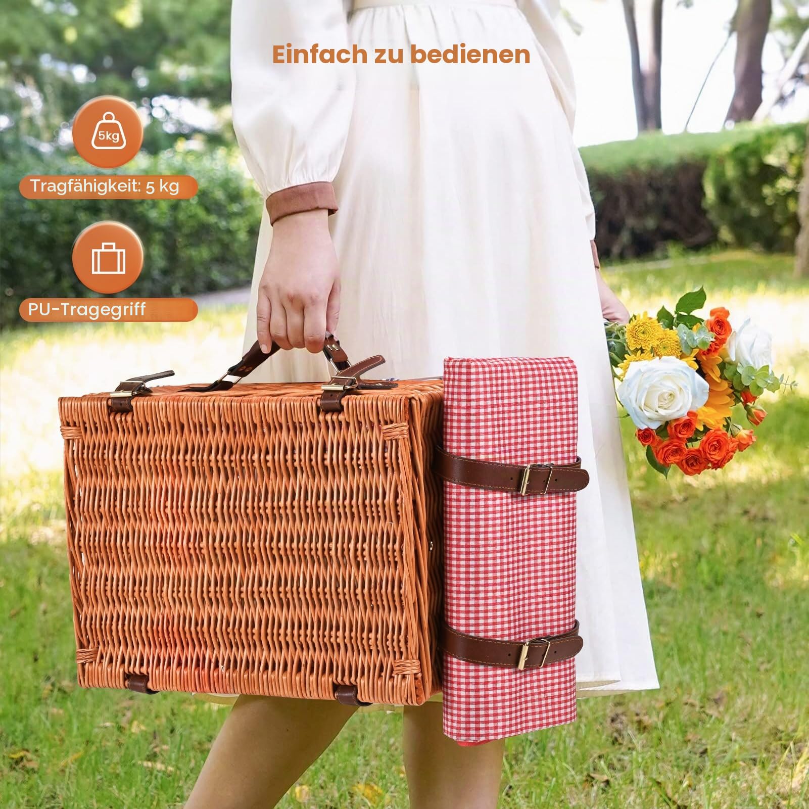 Premium Picknickkorb-Set für 4 Personen, Weidenkorb mit Kühlfach, Wasserdichter Decke, Tellern, Gläsern, Besteck, für Camping, Outdoor Party, Strand, Wandern, Rot