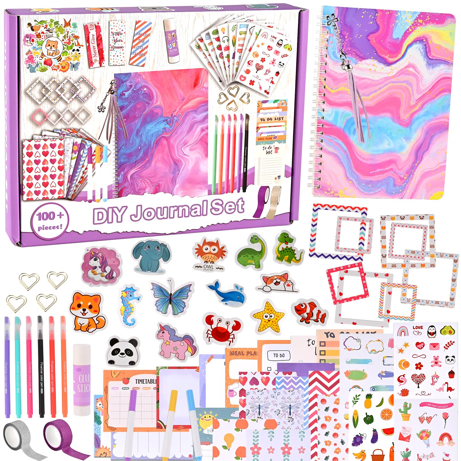 Goldge 109pcs DIY Journal Kit for Girls Diary, Gifts for Girls Ages 8 9 10 11 12+ Years Old, Stationery Set, DIY Scrapbook Kit for Tweens Teens, Arts and Crafts for Kids