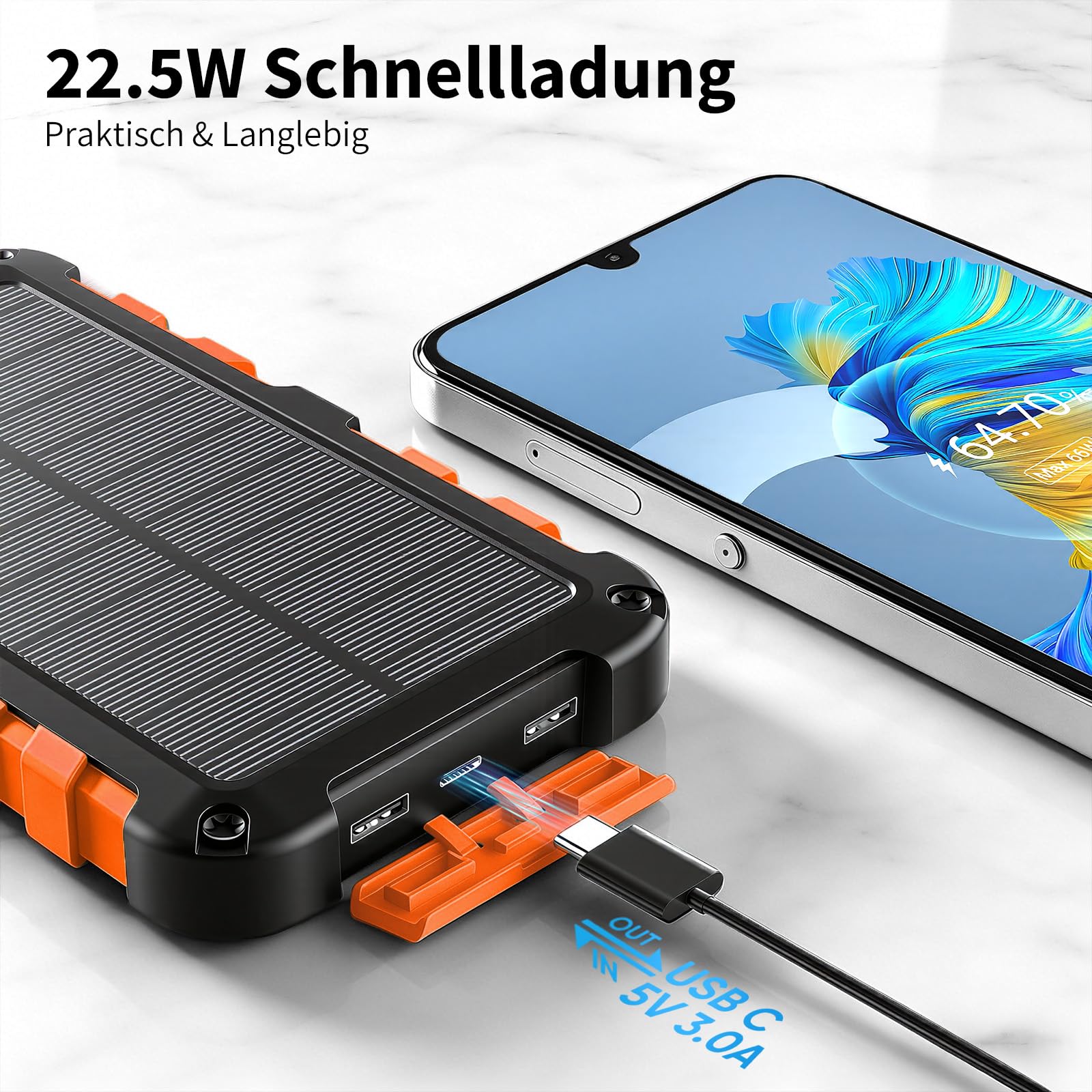 Solar Powerbank 10000mAh PD 22,5W Tragbares Solar Ladegerät USB C Outdoor Wasserdicht Externer Akku mit LED-Licht und 3 Ausgängen für Tablets Smartphones Outdoor Camping Orange