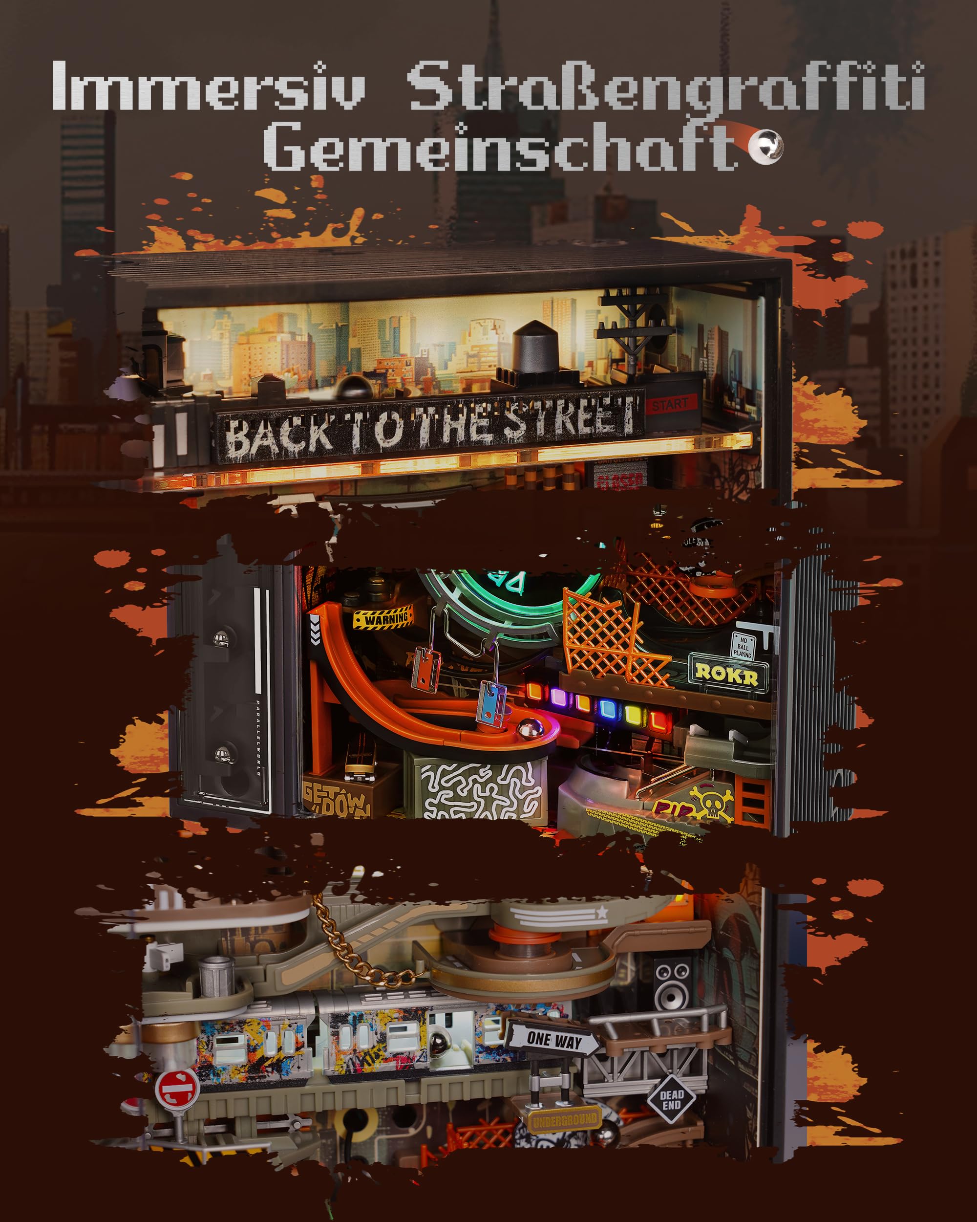 ROKR Kugelbahn 3D Puzzle Erwachsene Hip-hop Street Modell Musik-Sync Gaming Deko Setup Erweiterungsfähige Kits Cyberpunk Geschenkidee für Männer-Parallel World MR03S