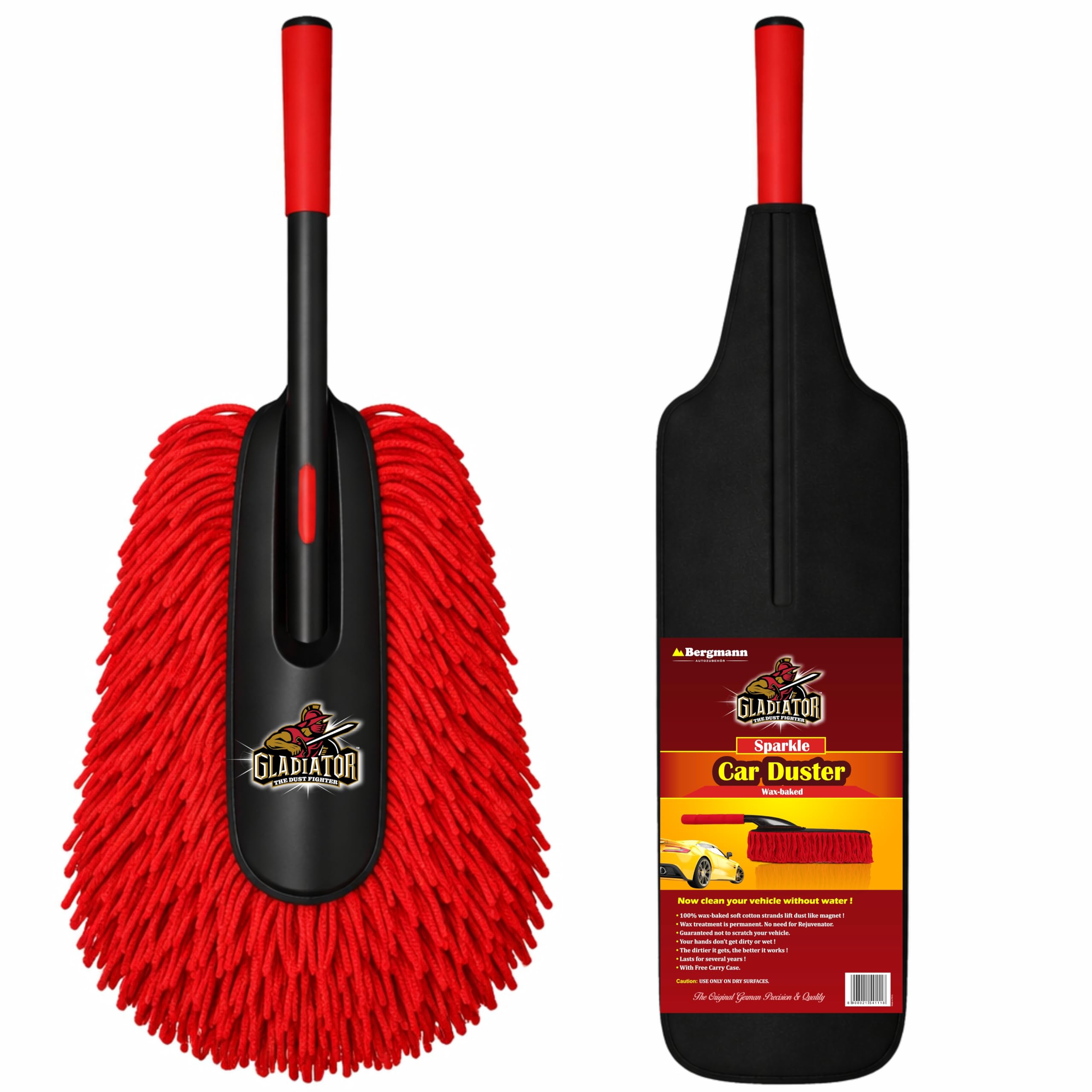 Bergmann Sparkle 2 Wax-Baked Car Duster | Dense Thick 100% Cotton Strands with Wax Coating | Strong Dust Absorption | with Carry Case | with Cushion Grip| Red