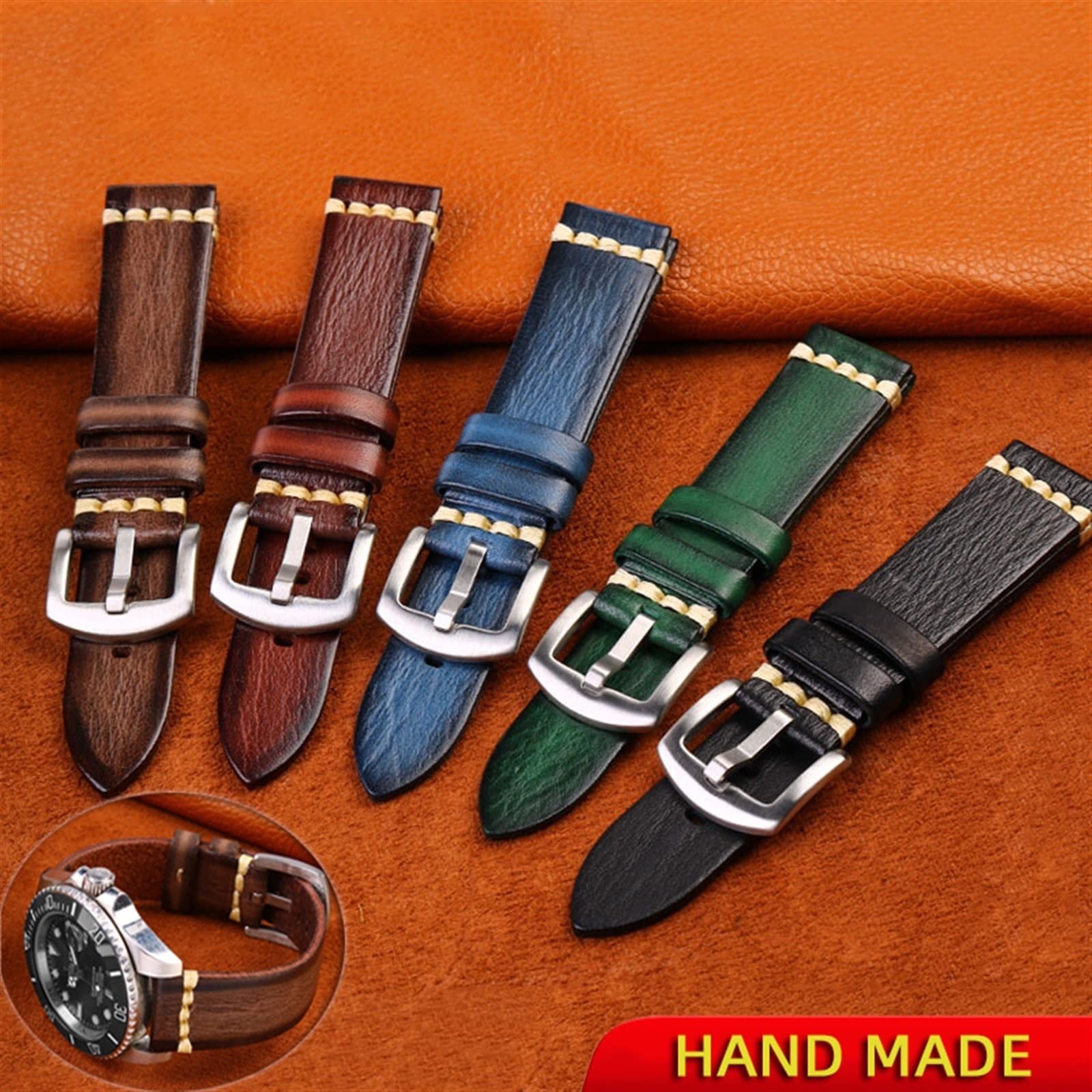 TQHGM Handgefertigtes Uhrenarmband aus echtem Leder, 22 mm, 24 mm, für Herrenarmband, Braun, Blau, Grün, Grau