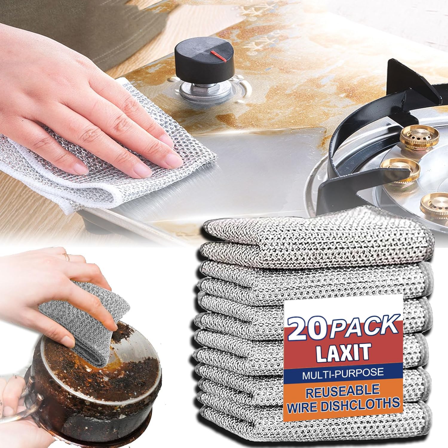 Laxit 20 Pack Multipurpose Wire Dishwashing Scrub Rags Cloth Utensils Scrubber for Kitchen Wet and Dry Stainless Steel Non-Scratch Dishcloth for Dishes Sinks Counters Reusable (B0D1KG5CZR) Amazon Price History, Amazon Price Tracker