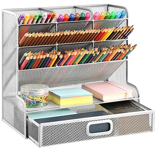 Marbrasse Mesh Desk Organizer, Multi-Functional Pen Holder with Drawer, Desktop Stationary Organizer, Storage Rack for School, Home, Office, Art Supplies (Silver Mesh) - Mesh Pen Holder With Drawer -Silver