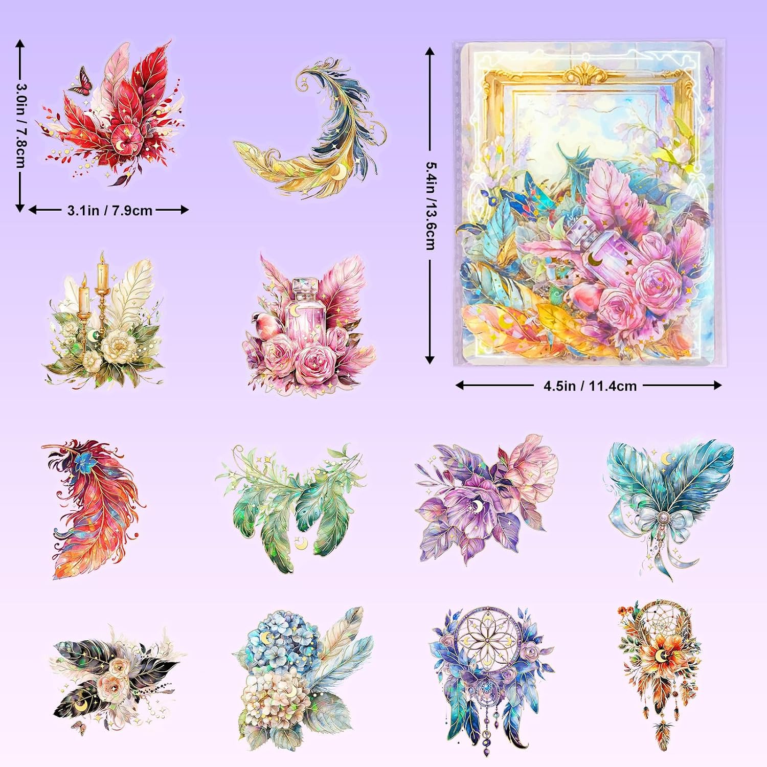 30 Pcs Fantasy Feather Stickers, Clear PET Glitter Magic Floral Stickers for Scrapbook, Journal, Junk Journal, Collage - Holographic Transparent for Resin, Craft, Scrapbook Supplies (White) image 2