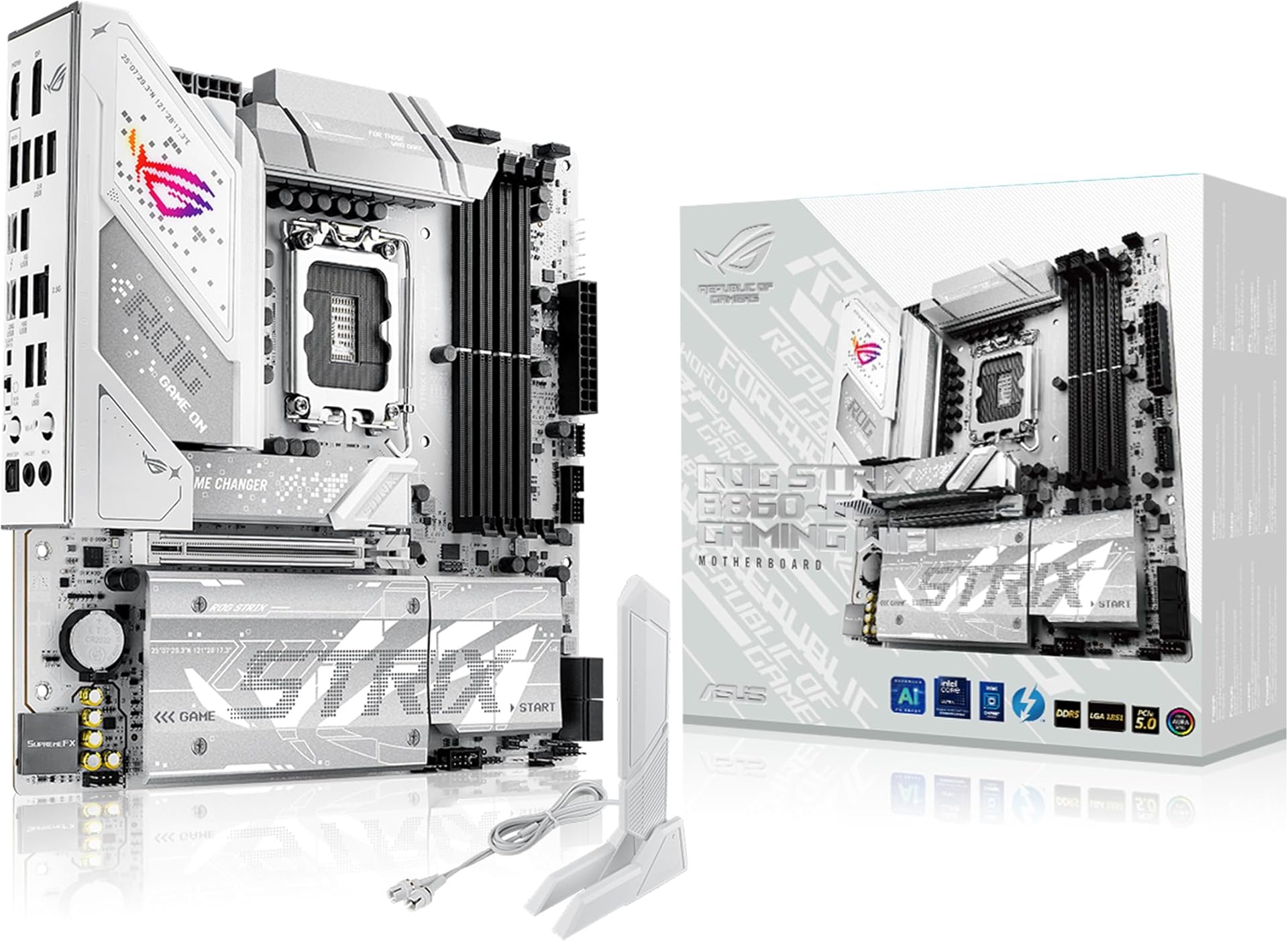 ASUS ROG Strix B860-G Gaming WiFi mATX motherboard, Advanced AI PC-ready, 14+1+2+1 power stages, DDR5 slots, PCIe 5.0, four M.2 slots, WiFi 7, AI Networking II, Aura Sync RGB lighting.