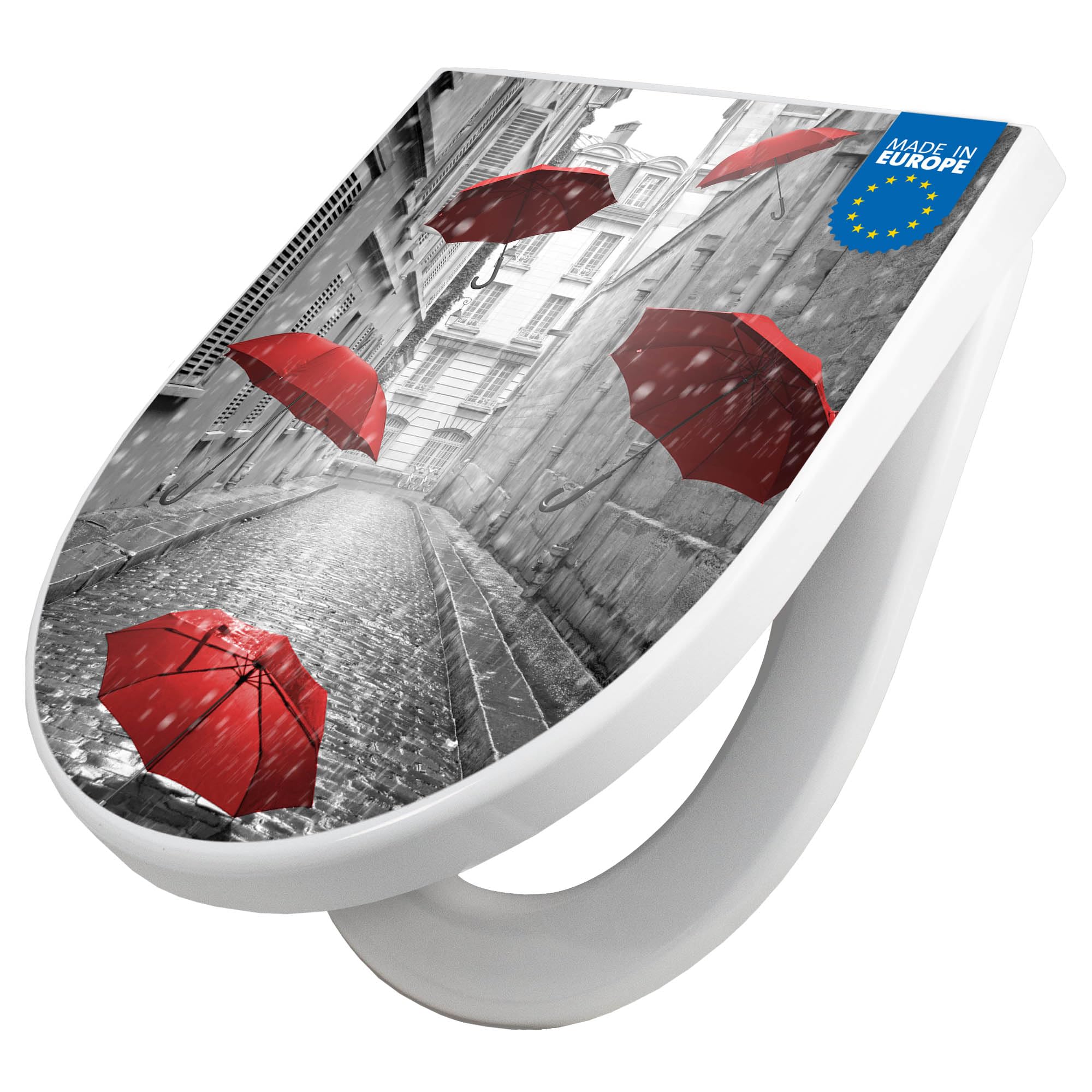 banjado WC Sitz mit Absenkautomatik D Form - Toilettendeckel mit Absenkautomatik D Form - Klodeckel Softclose - stabile Klobrille - Toilettensitz Weiß - Motiv Rote Schirme