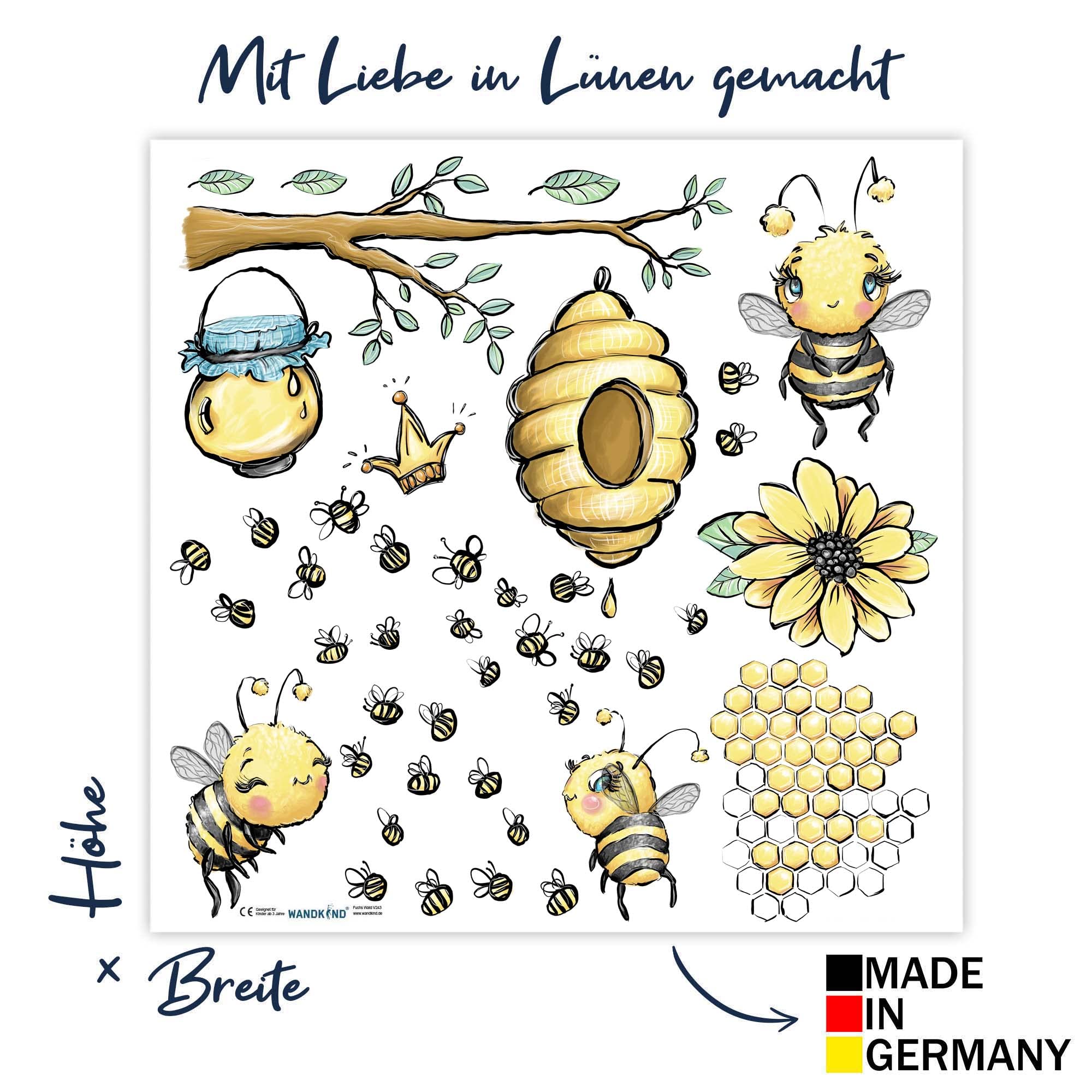 WANDKIND Bienenstock Wandtattoo Kinderzimmer V359 | handgezeichnet | AUFKLEBER Kindergarten | Babyzimmer Wandsticker Bienen Biene Honig (100 x 100 cm)
