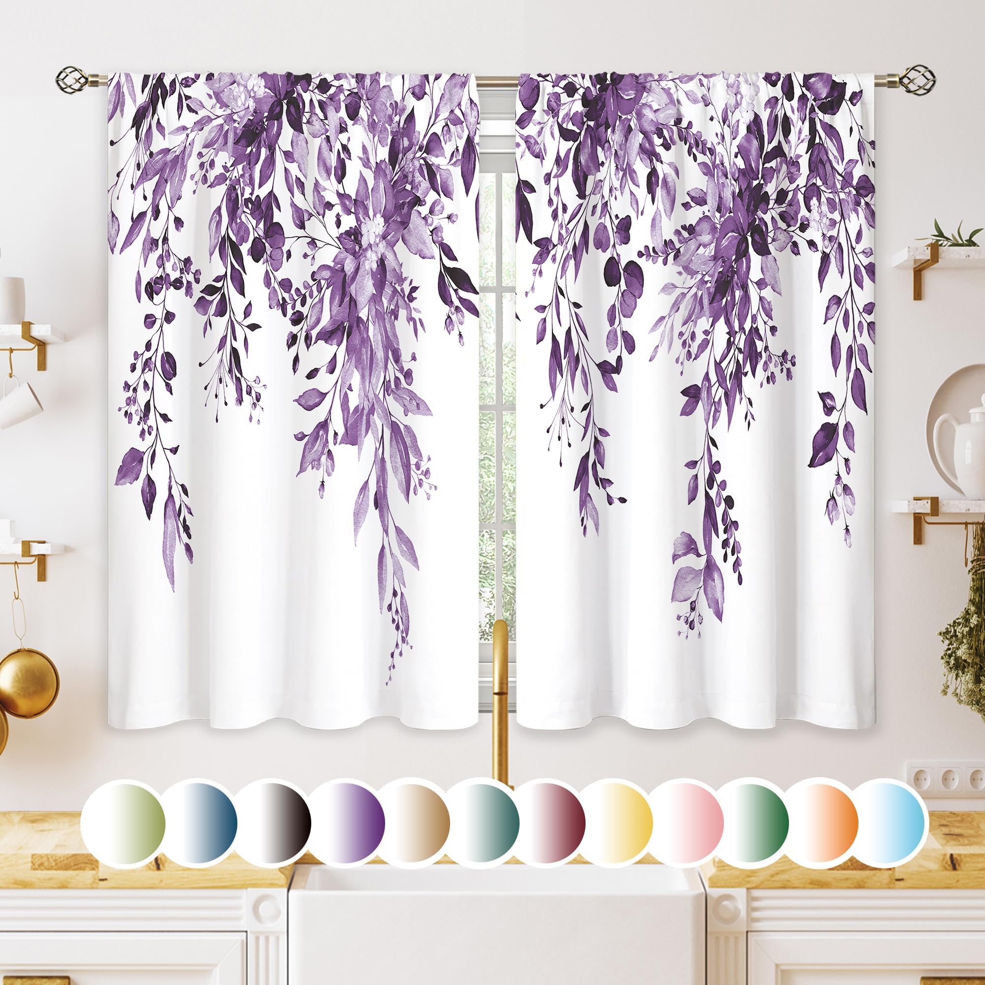 oolygoo Eucalyptus Botanical Leaves Purple Floral Kitchen Window Curtains Over Sink Farmhouse Flower Leaf Small Window Treatment Cafe Short Curtains
