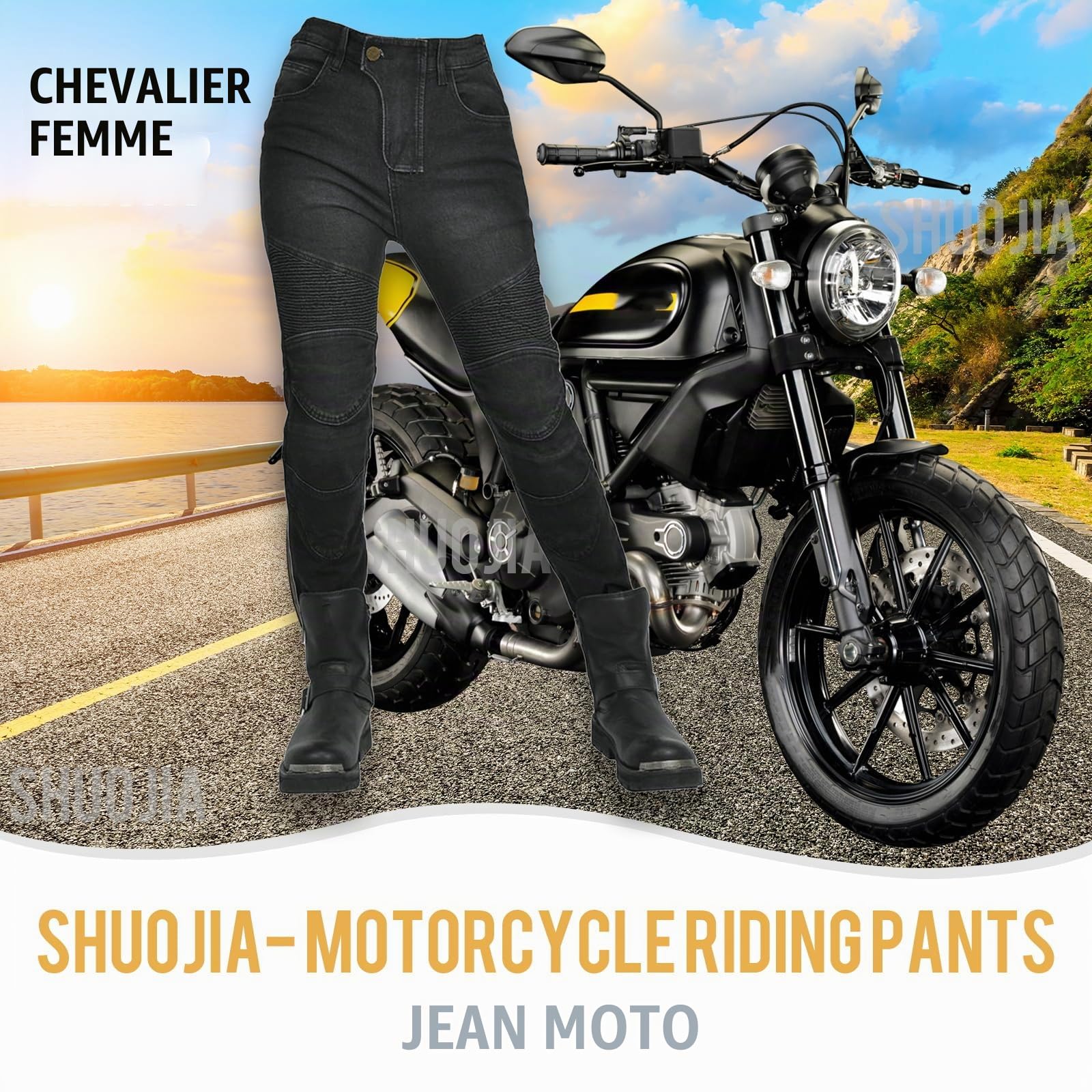 Femme Pantalon Moto,Jeans de moto élastiques, pantalons de motard respirants, Jean de Motard Coupe Slim pour Femmes avec Protections des Genoux Et des Hanches (Black,L)