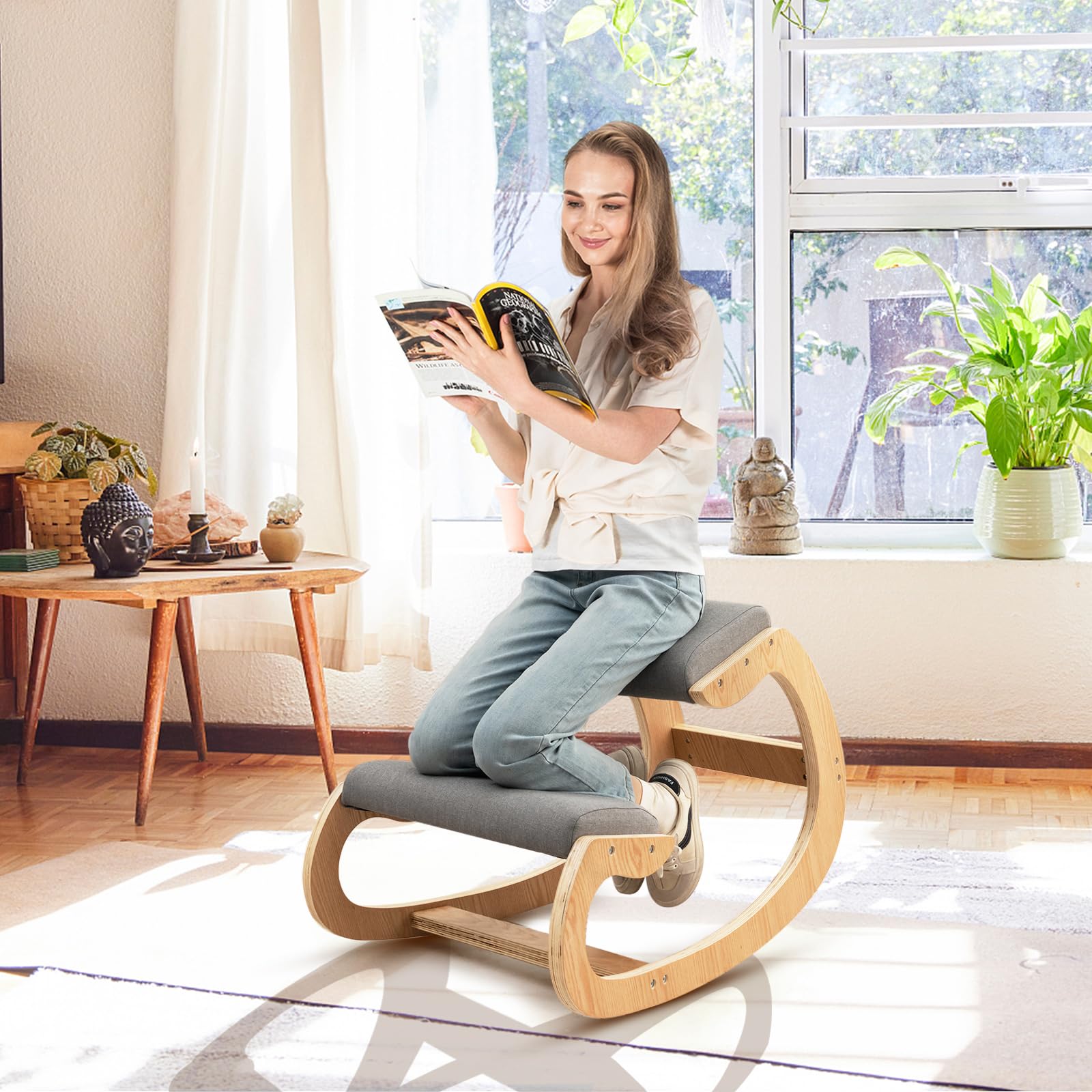 Giantex Ergonomic Kneeling Desk Chair, Rocking Knee Chair with Cushion & Solid Wood Frame, Natural Relief for Neck or Back Pain, Posture Chair for