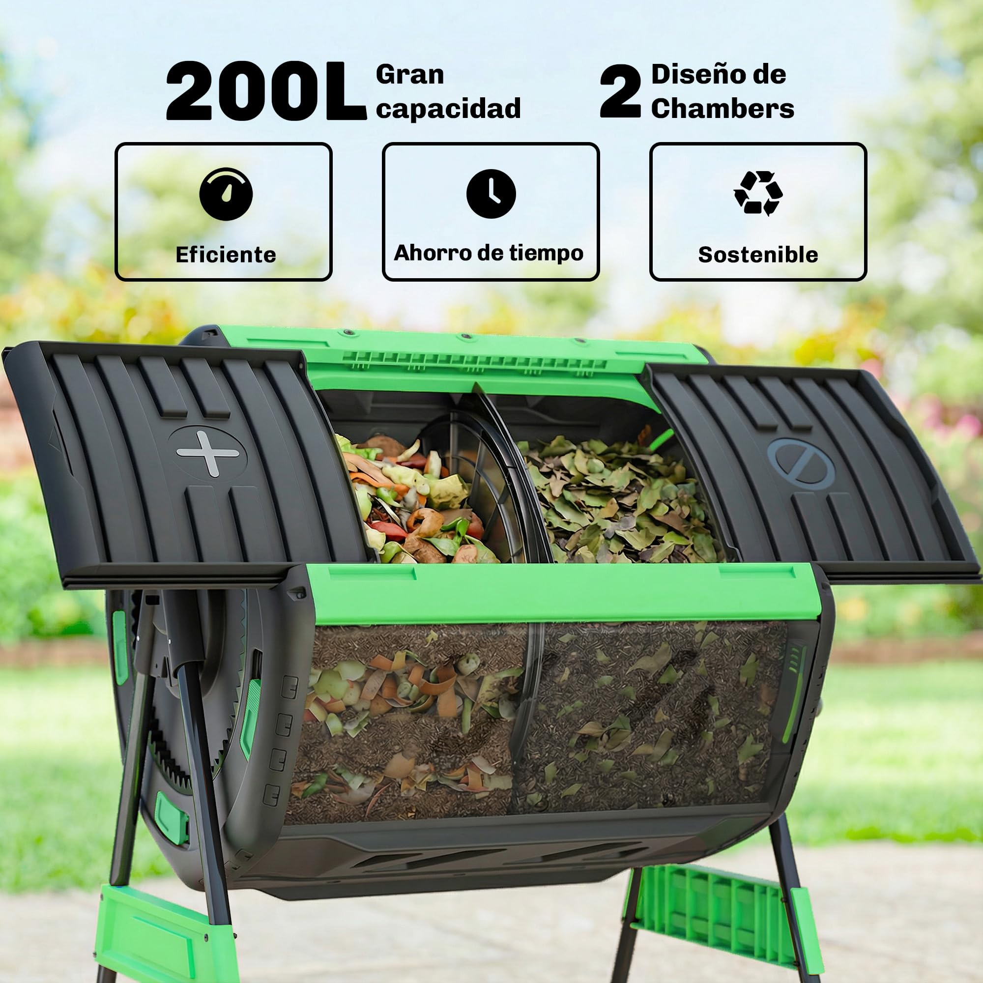 Outsunny Compostador Giratorio de 200L, Contenedor de Compostaje de Jardín de Doble Cámara, Sin BPA, Compostadora con Aberturas de Ventilación, 2 Puertas Deslizantes y Patas de Metal, Verde