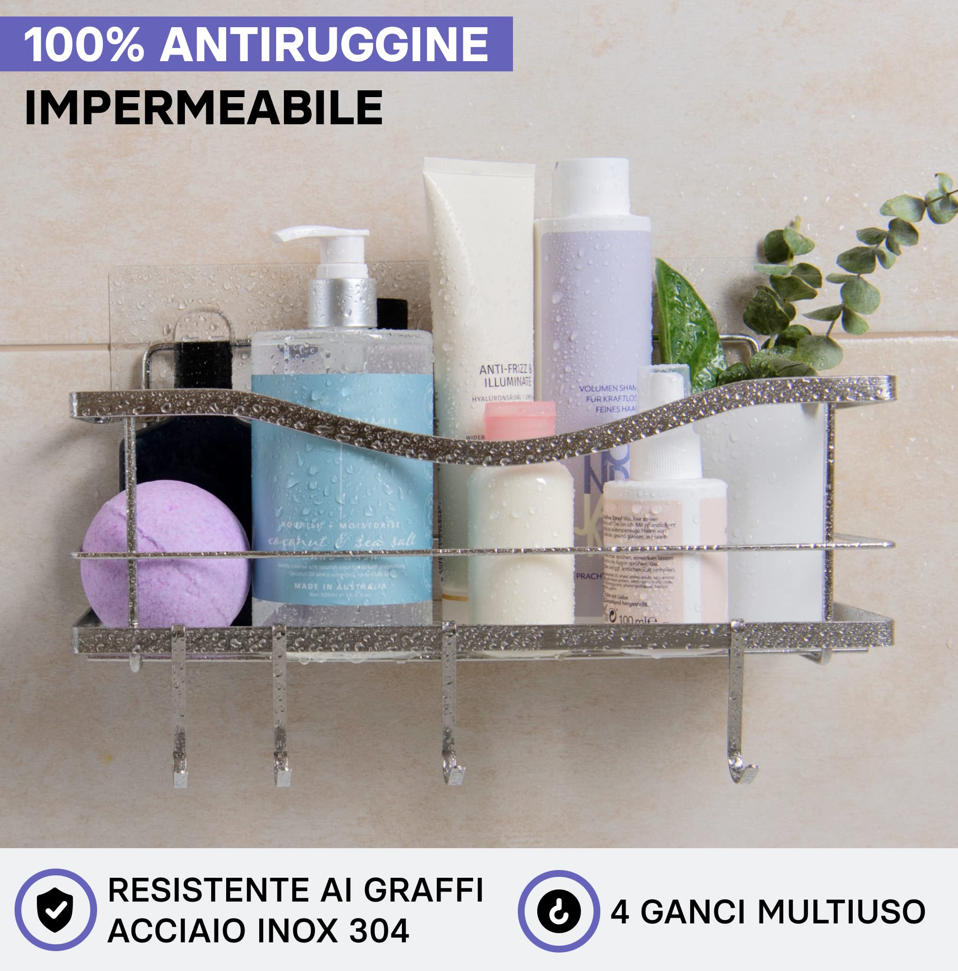 KINCMAX Mensola doccia senza foratura, in acciaio inox, antiruggine, autoadesiva, per il bagno con ganci (argento)