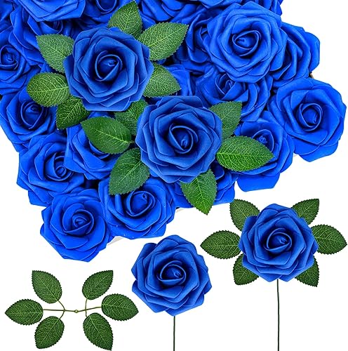 Miniatura 10 de Winlyn 50 rosas rojas de tacto real con tallos y hojas de seda, flores artificiales a granel para bodas, centros de mesa, arreglos florales,