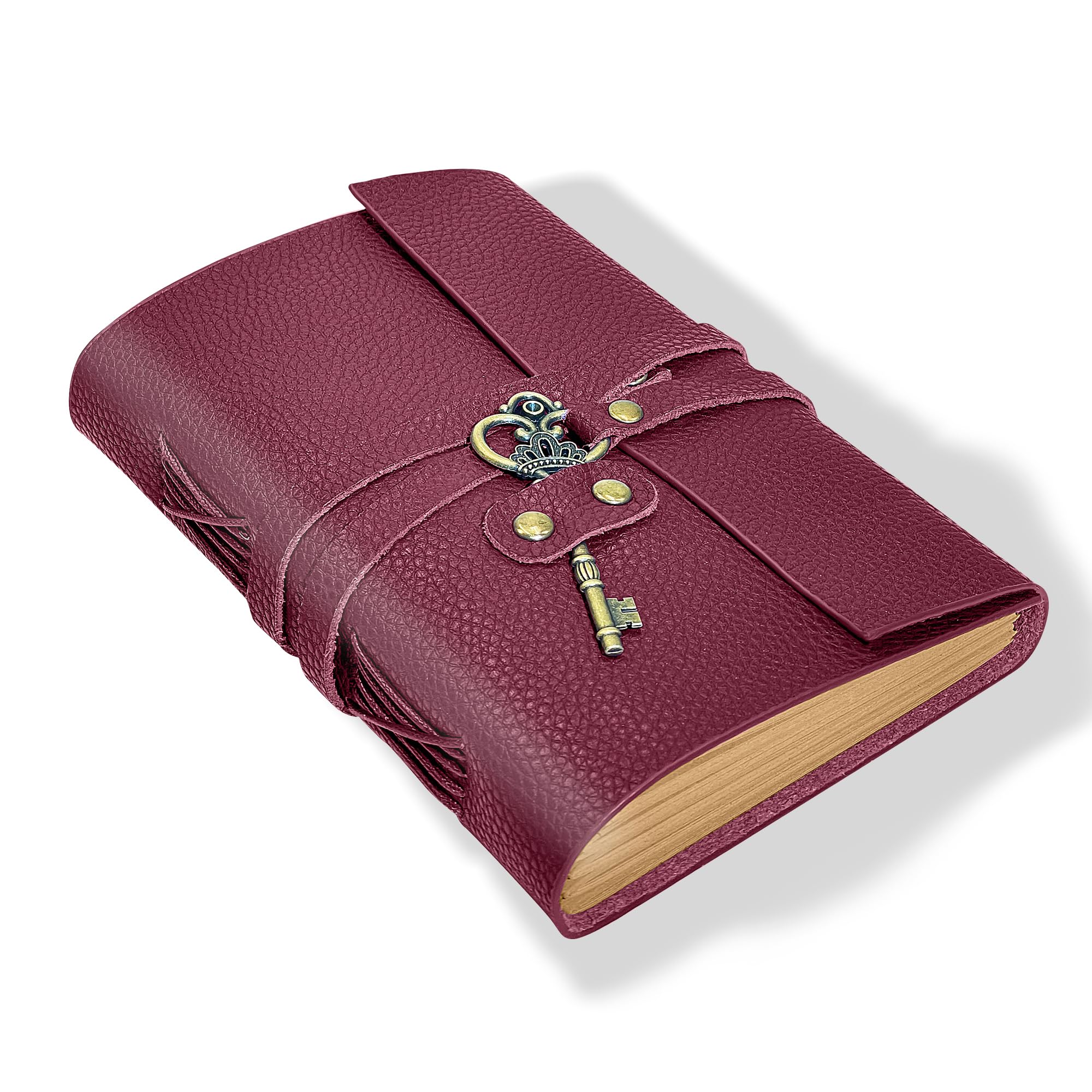 Cleather Diario de piel auténtica de 5 x 7 pulgadas con llave, 200 páginas de líneas, diario encuadernado en cuero hecho a mano para diario de viaje (rojo burdeos)