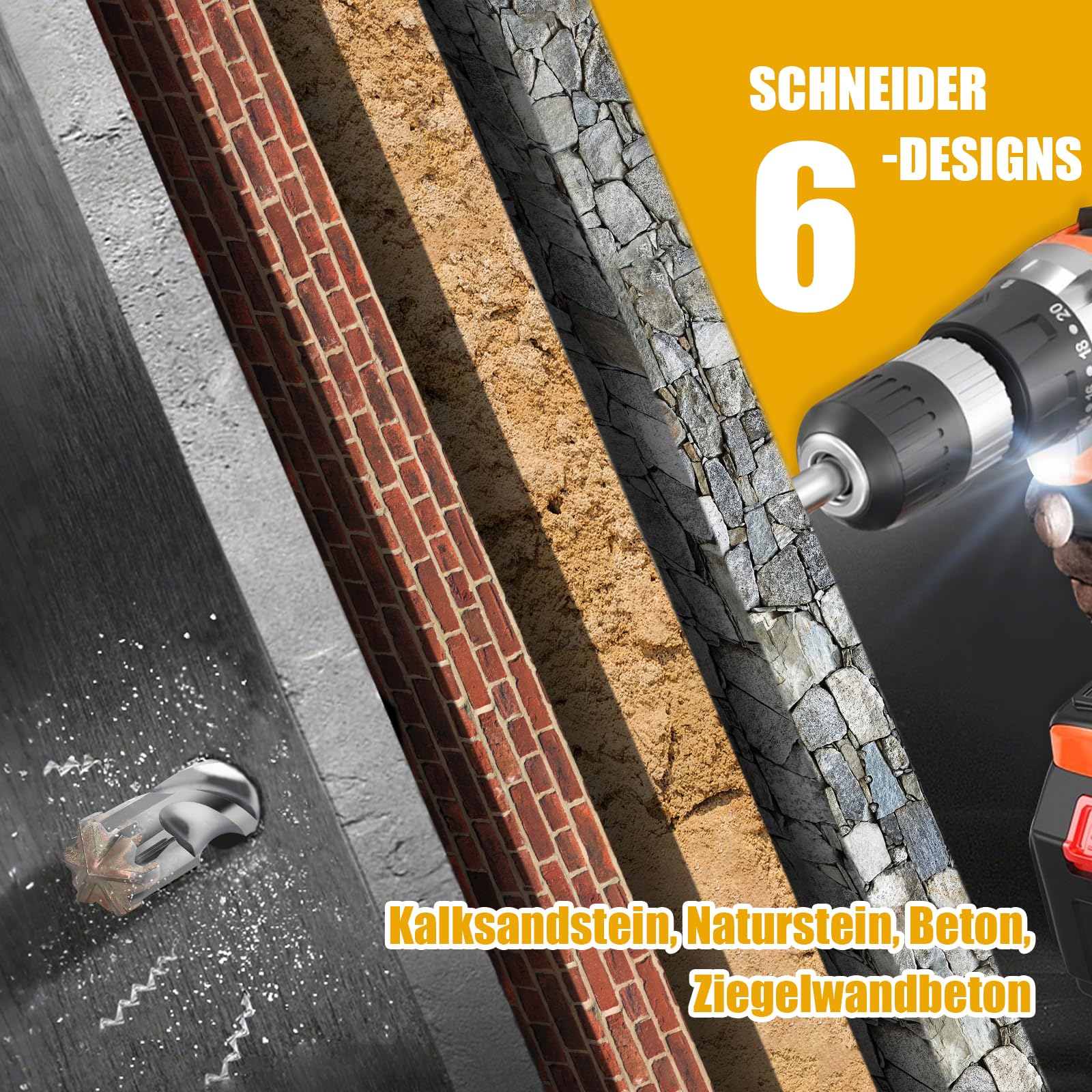 Punta per trapano SDS Plus, 32 mm di diametro x 460 mm di lunghezza con 6 taglienti in carburo di tungsteno, ideale per la perforazione di pietra, pietra naturale, cemento, muratura in mattoni
