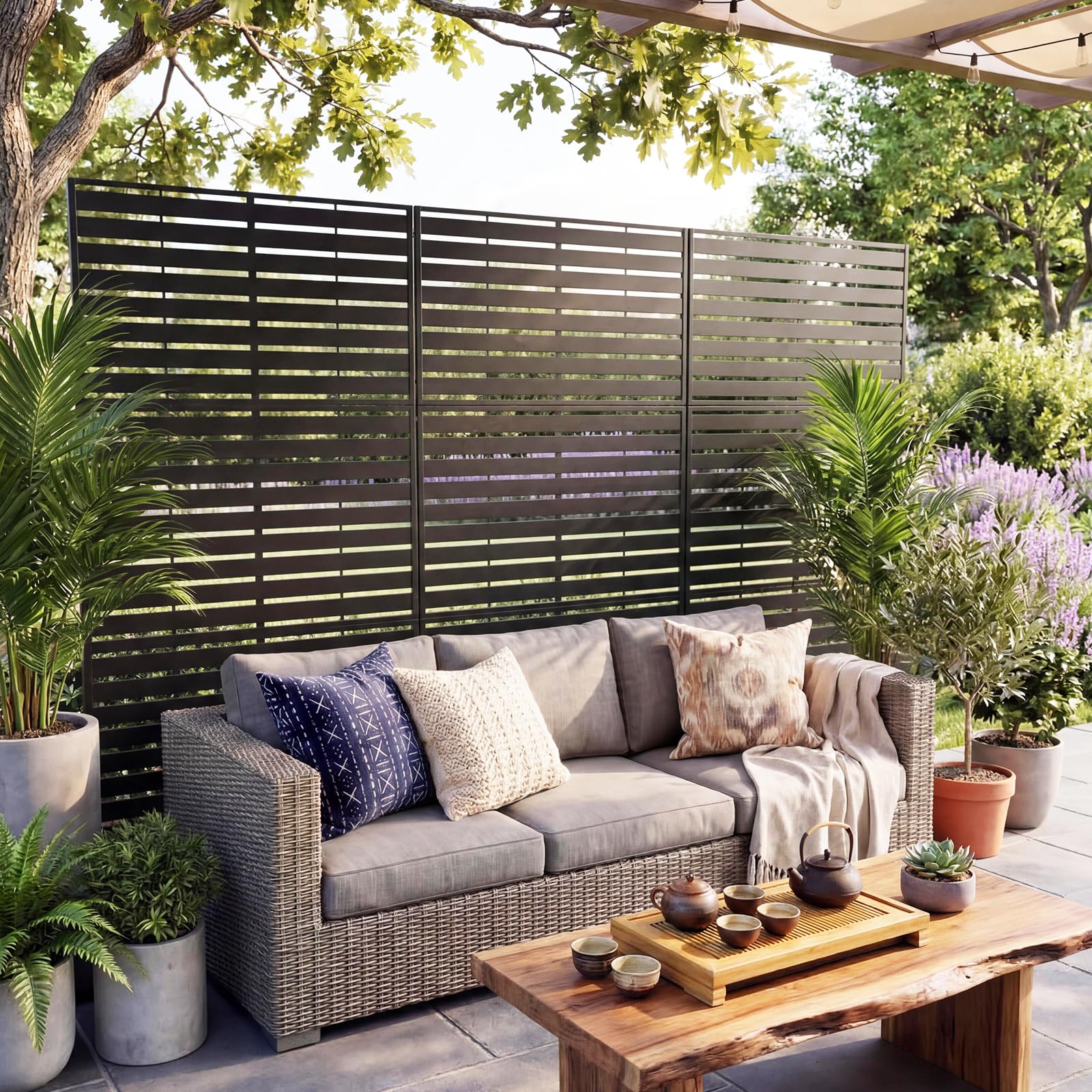 GarveeLife Freestanding Metal Outdoor Privacy Screen Rustproof Garden Fence Panel with Stand for Patio Balcony Divider AC Unit Cover Modern Decorative Screen Wind Barrier