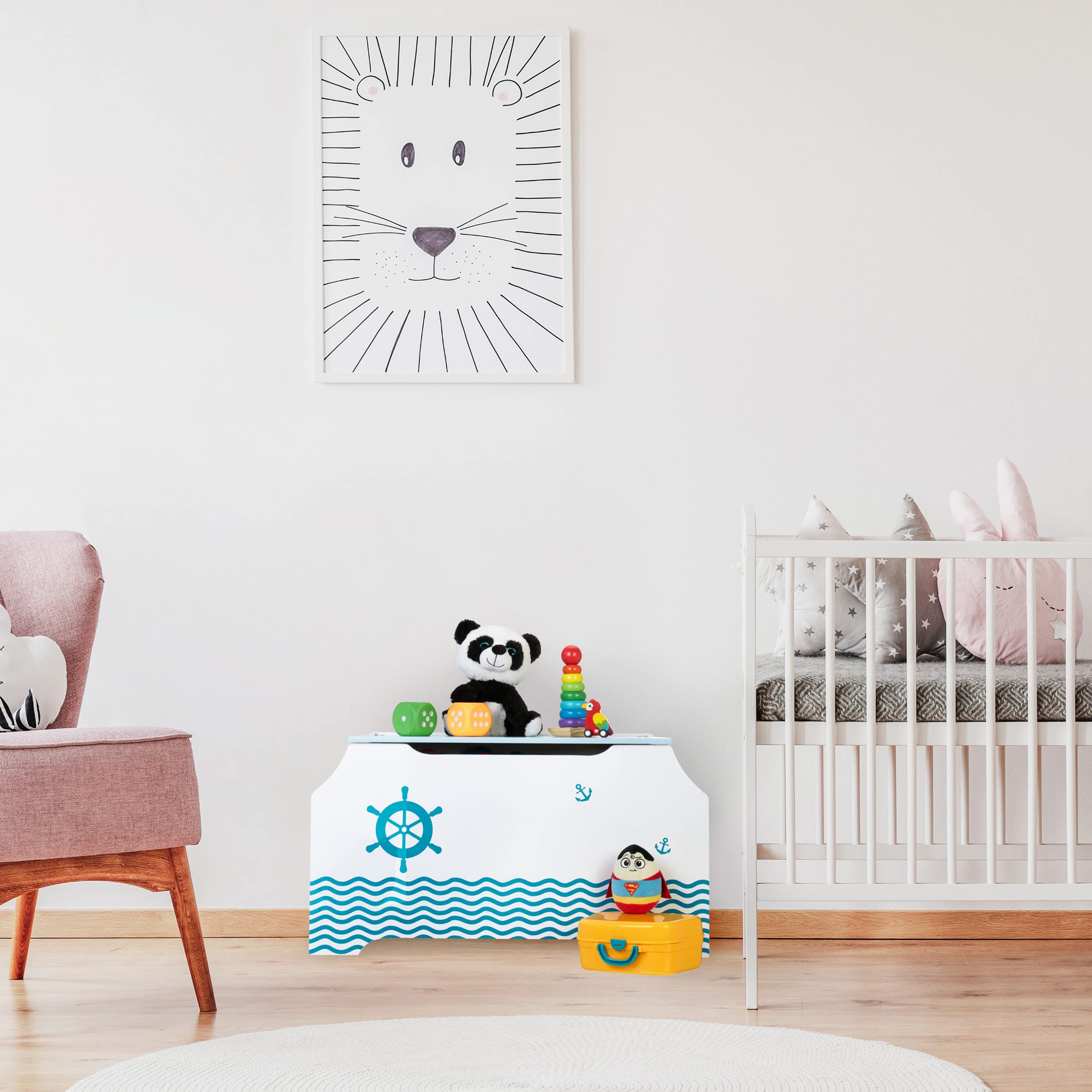 Relaxdays Coffre à Jouets, Motif Maritime, Malle, Couvercle, HLP : 46x84x42,5 cm, Range-Livres, bac Peluches, Bleu-Blanc